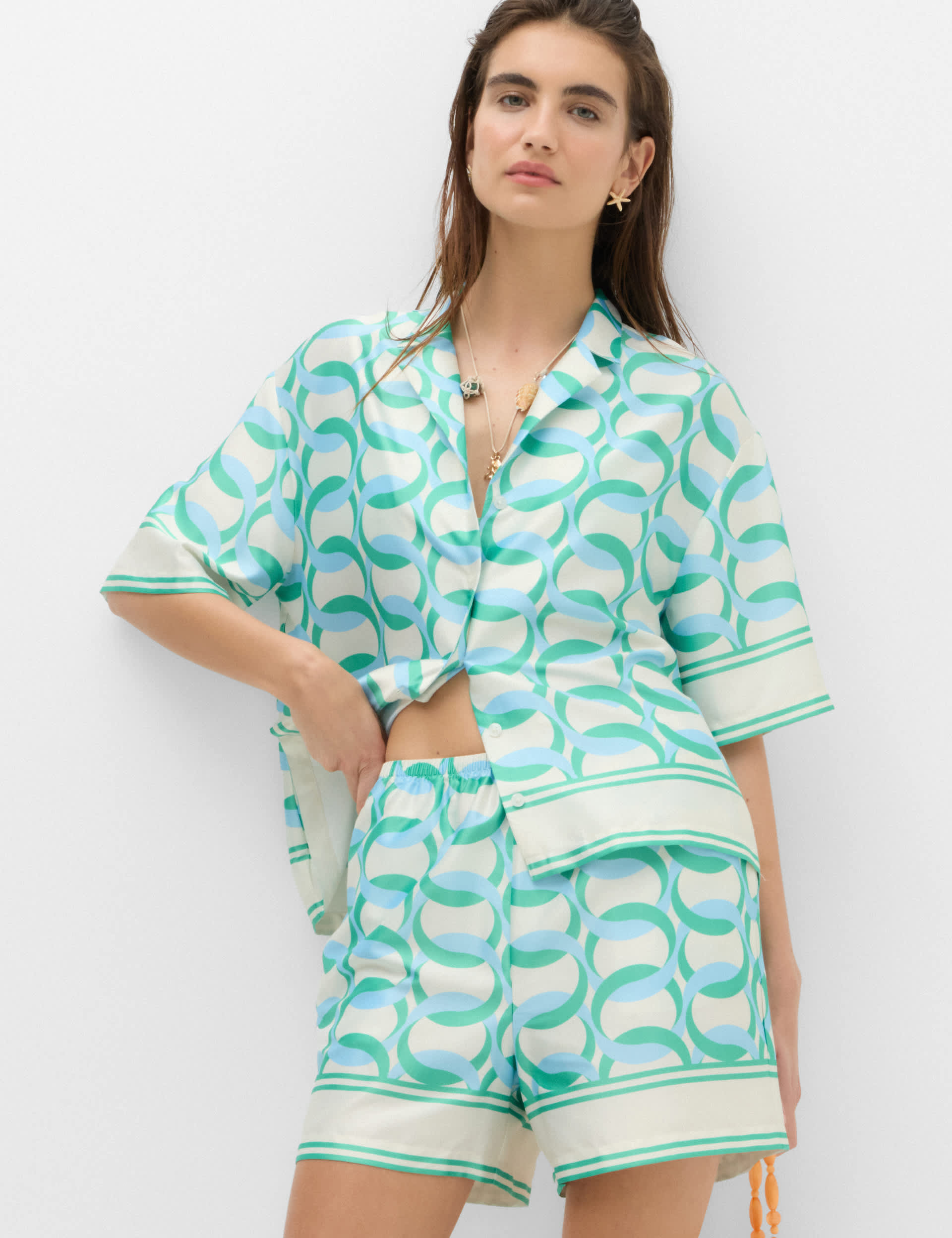 Satin Printed Short Sleeve Beach Shirt