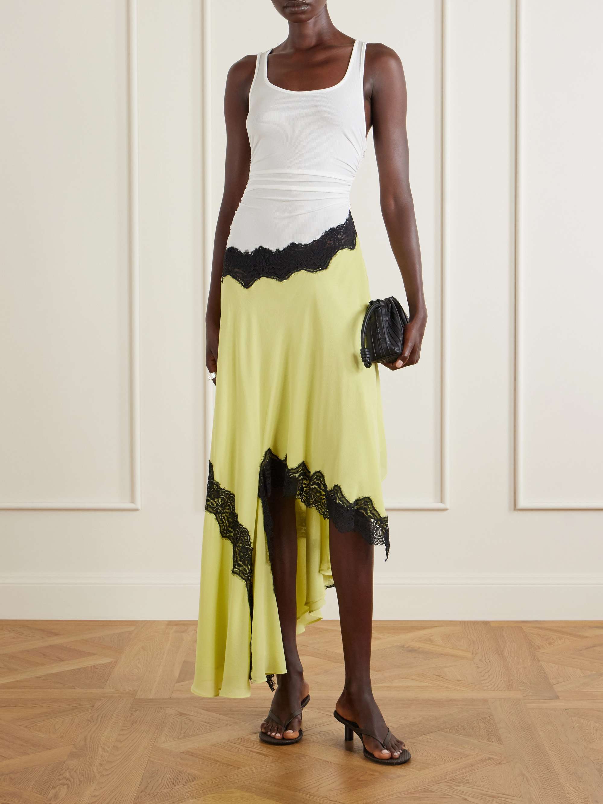 Cutaway Asymmetric Lace-Trimmed Ruched Stretch-Jersey and Crepe Dress