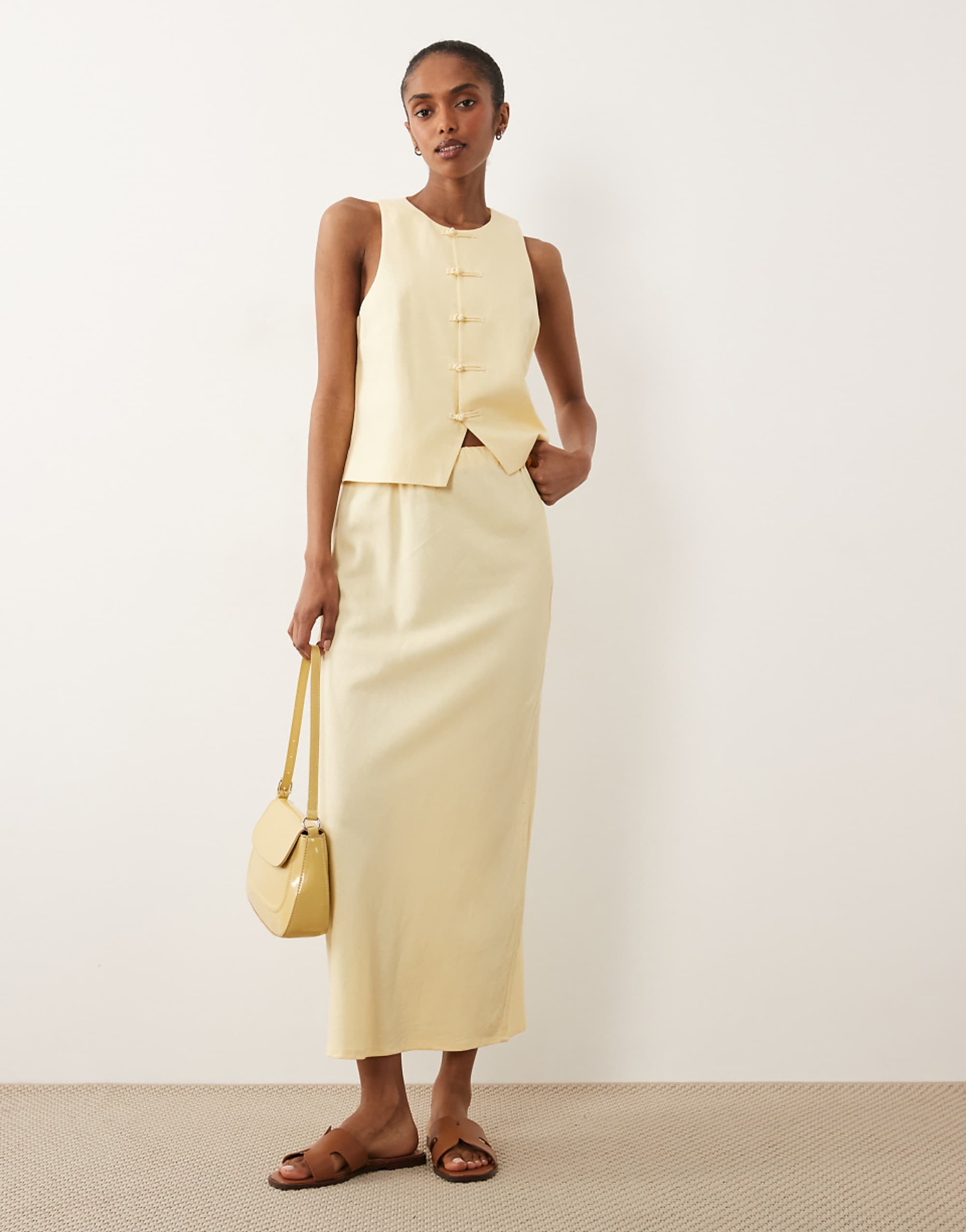 Mango Laguna Linen Mix Column Maxi Skirt Co-Ord in Butter Yellow