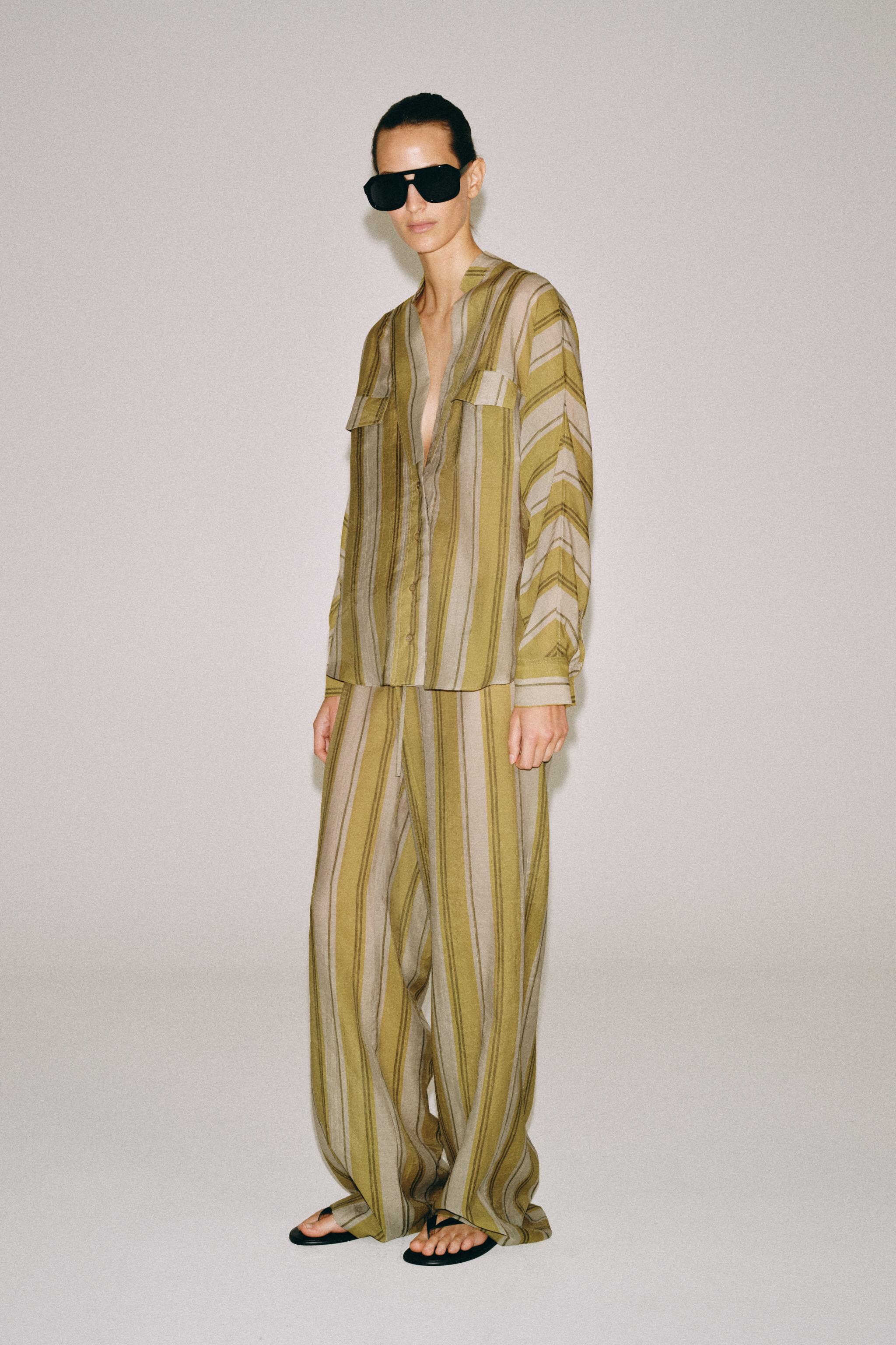 Zw Collection Striped Trousers - Green Stripe - Xs