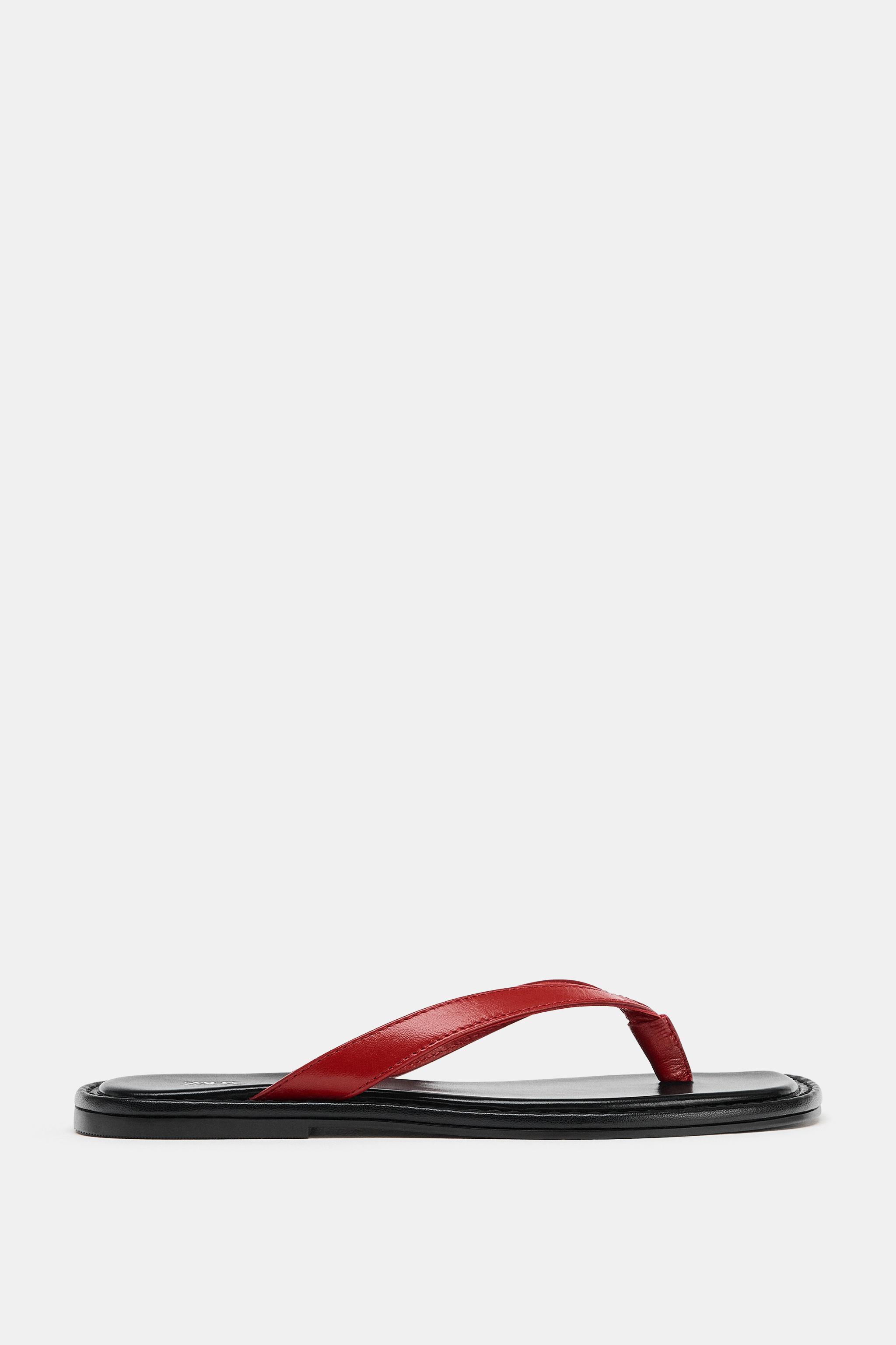 Contrast Leather Sandals - Red - 2