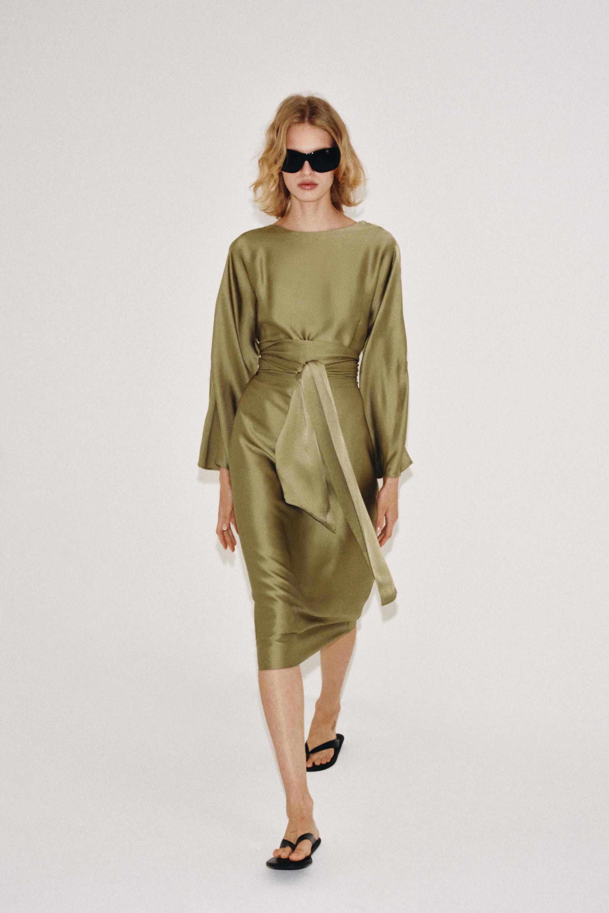 Zw Collection Satin Midi Dress - Olive Green - Xs
