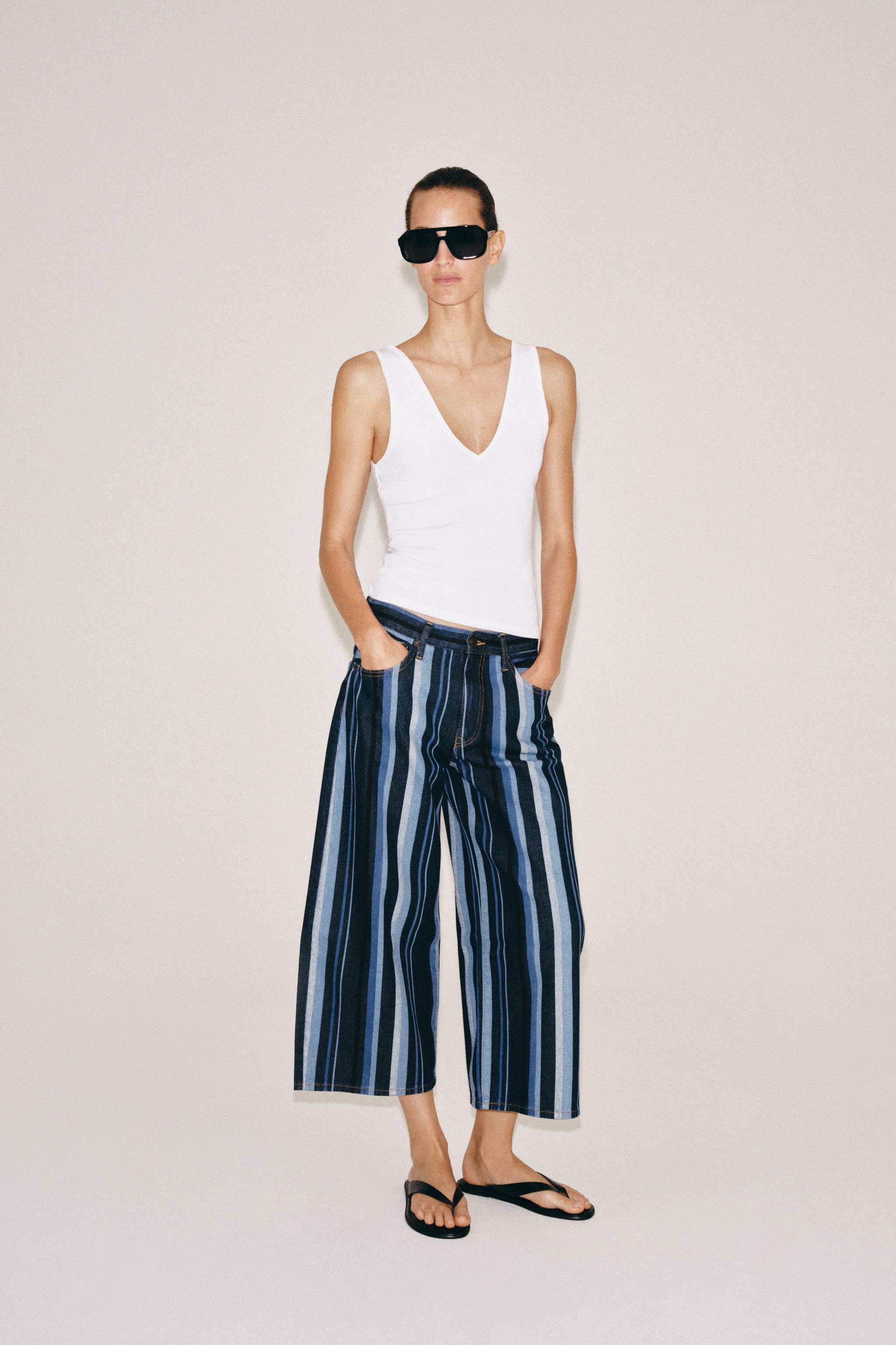 Zw Collection Mid-Rise Striped Culotte Jeans - Blue - 26 (us 2)