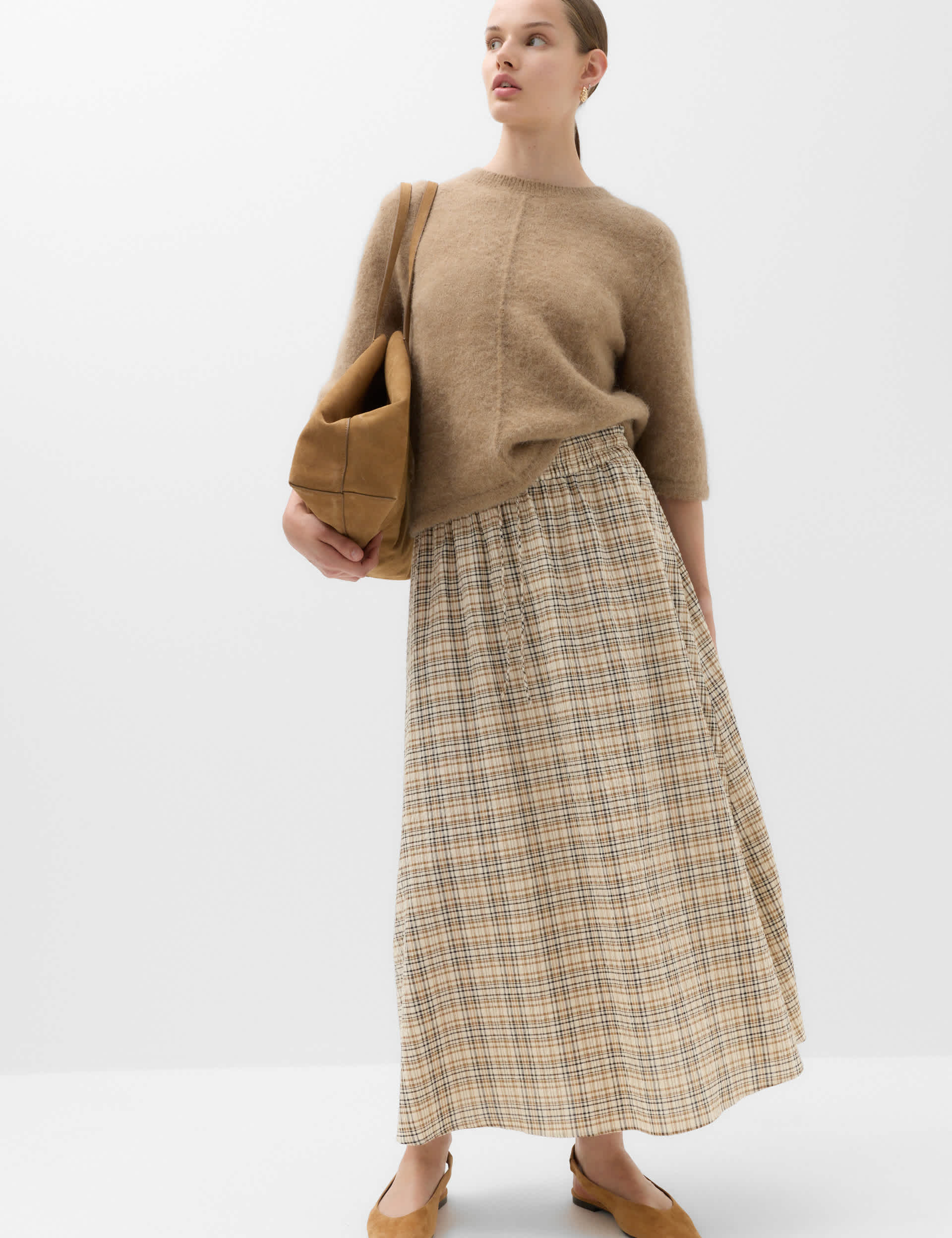 Cotton Rich Checked Midi A-Line Skirt