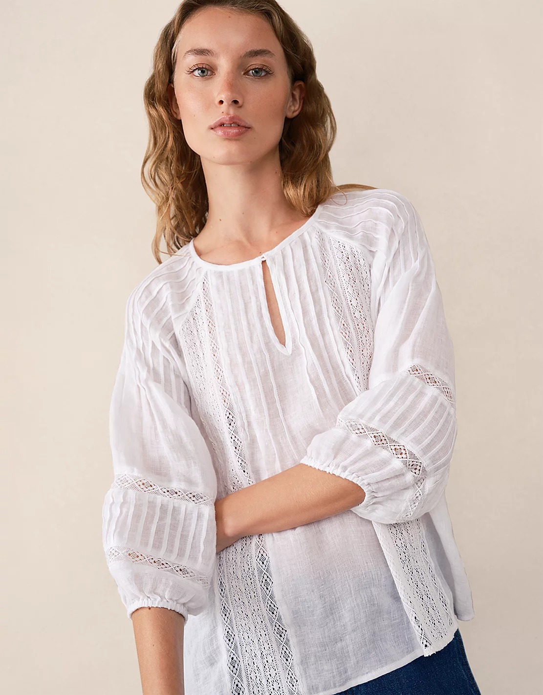 The White Company, Linen Gauze Pintuck Boho Blouse