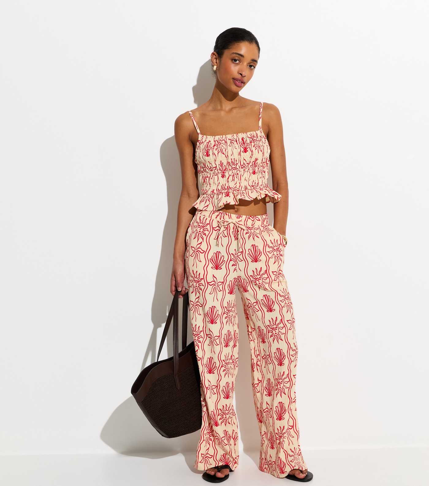 New Look, Red Sun Print Wide Leg Beach Trousers