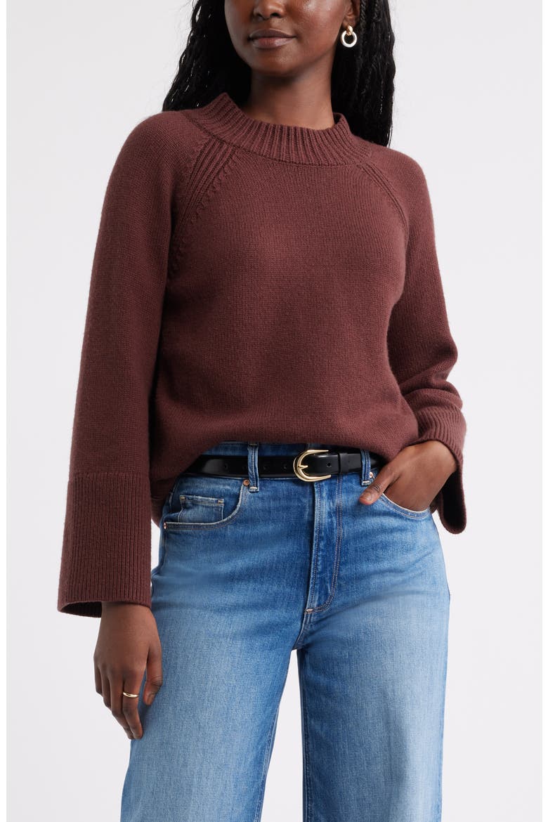 Bell Sleeve Mock Neck Merino Wool & Cotton Sweater