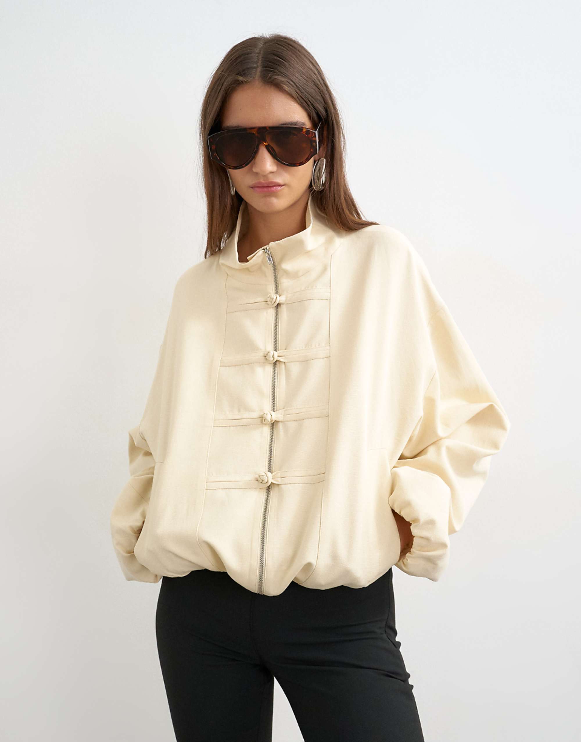 Topshop Bomber Mandarin Collar Jacket in Ecru