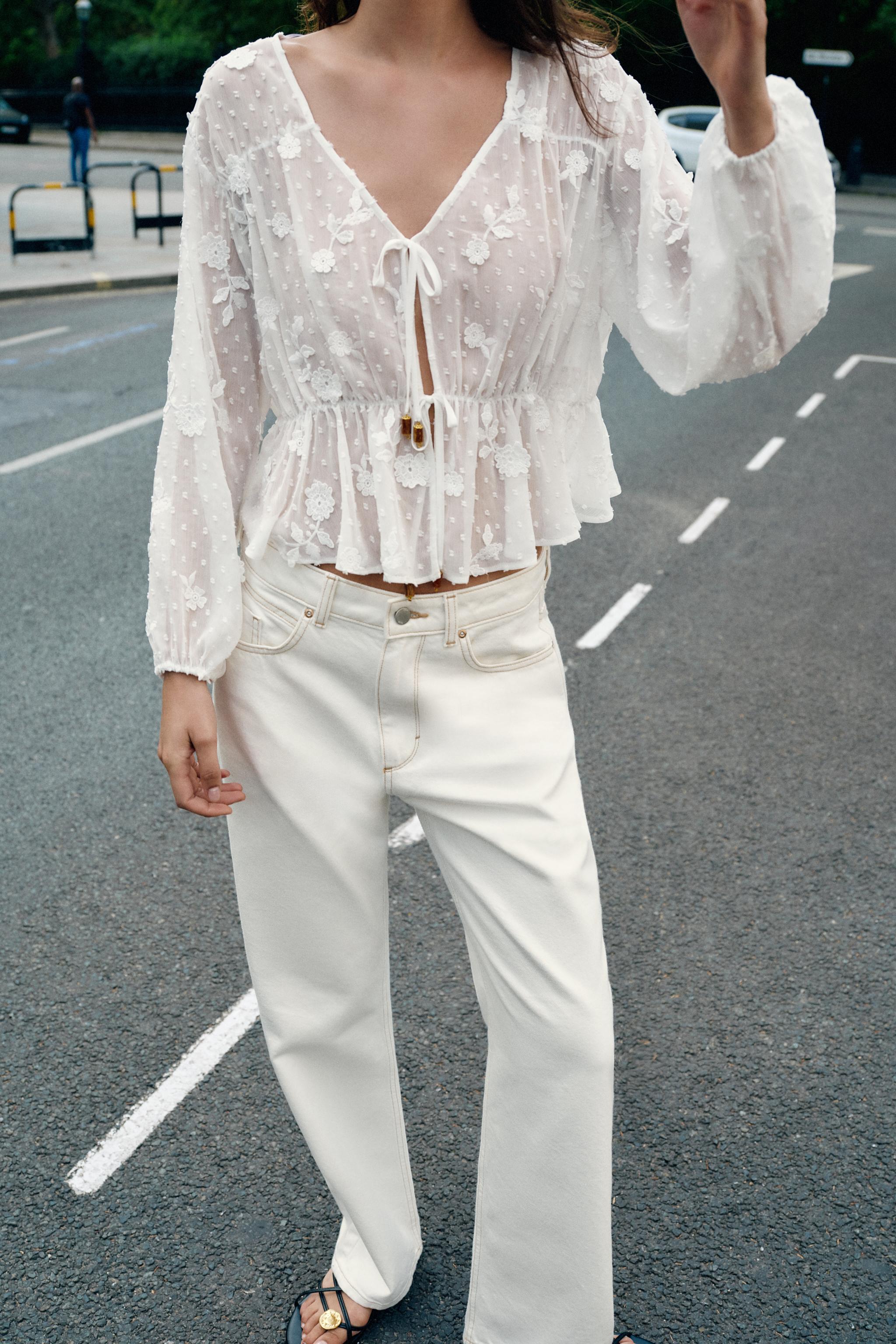 ZARA Embroidered Dotted Mesh Blouse - White - Xs