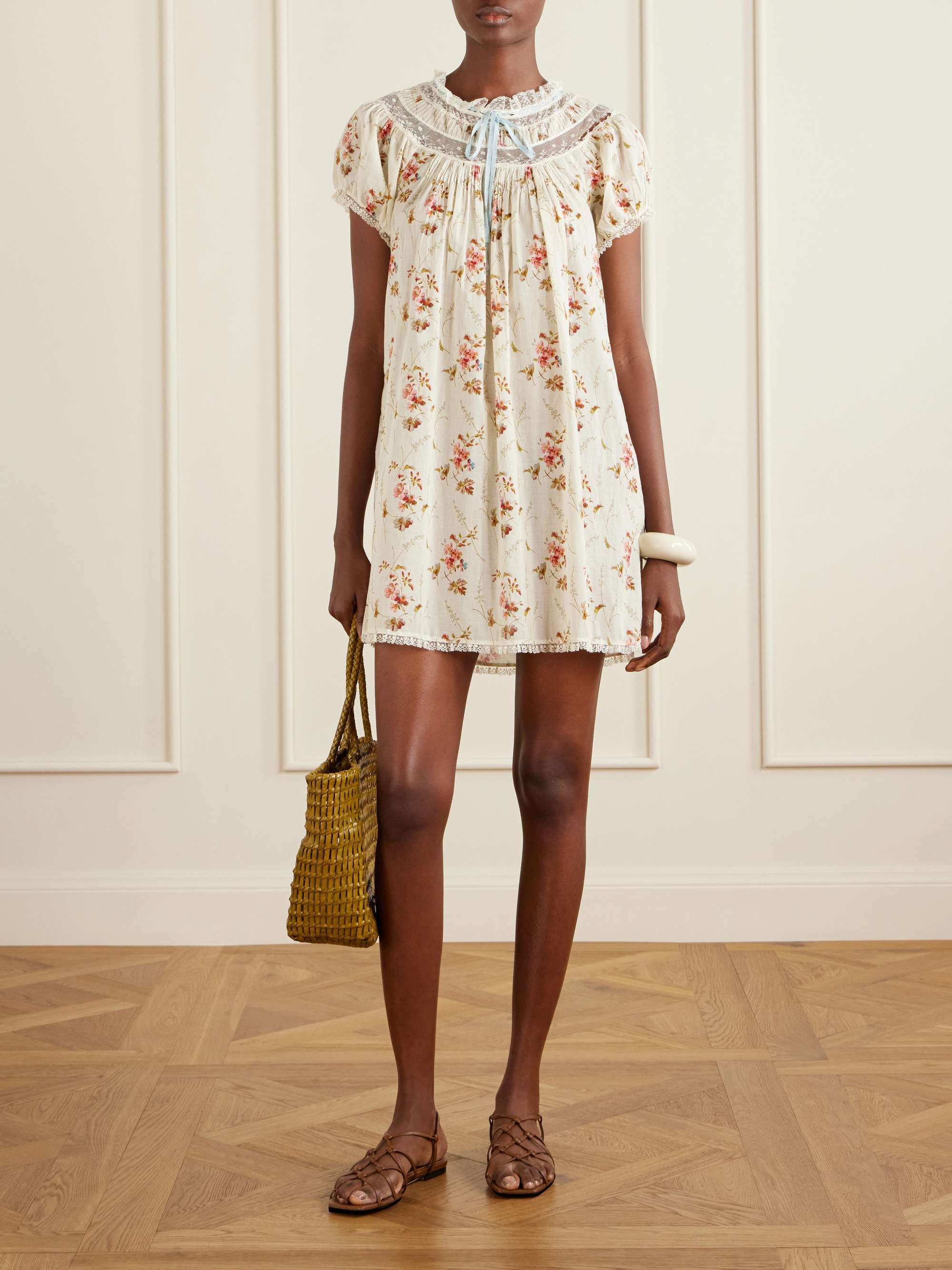 Daphne Lace-Trimmed Pintucked Floral-Print Organic Cotton-Voile Mini Dress