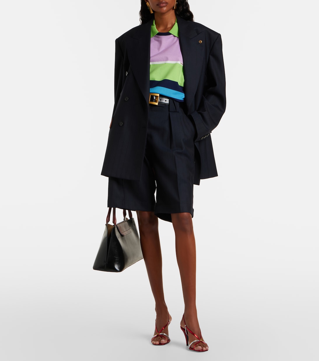 Pinstriped Virgin Wool Bermuda Shorts in Blue - Versace