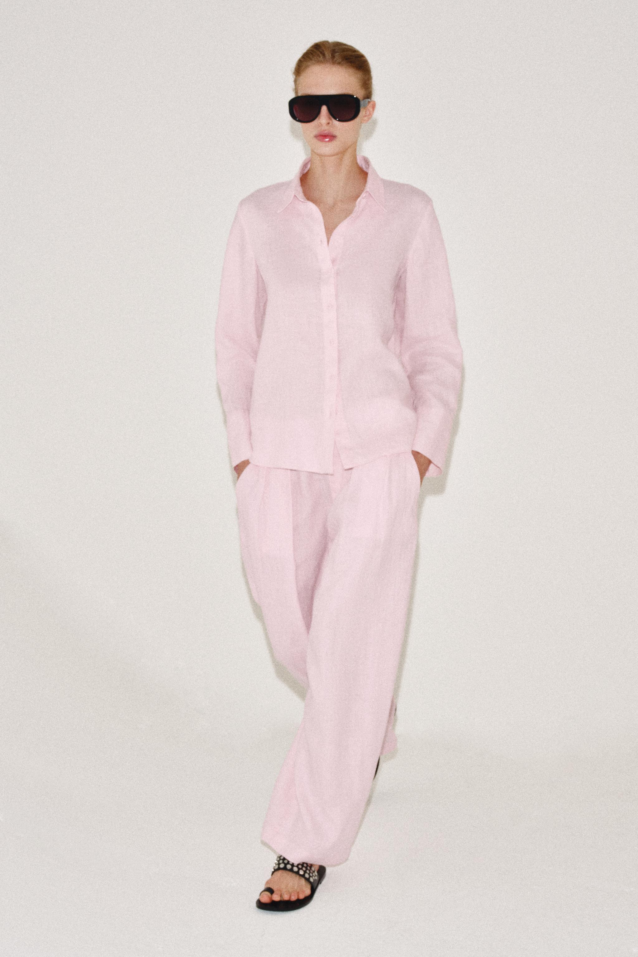 Zw Collection 100% Linen Pleated Trousers - Pink - Xs