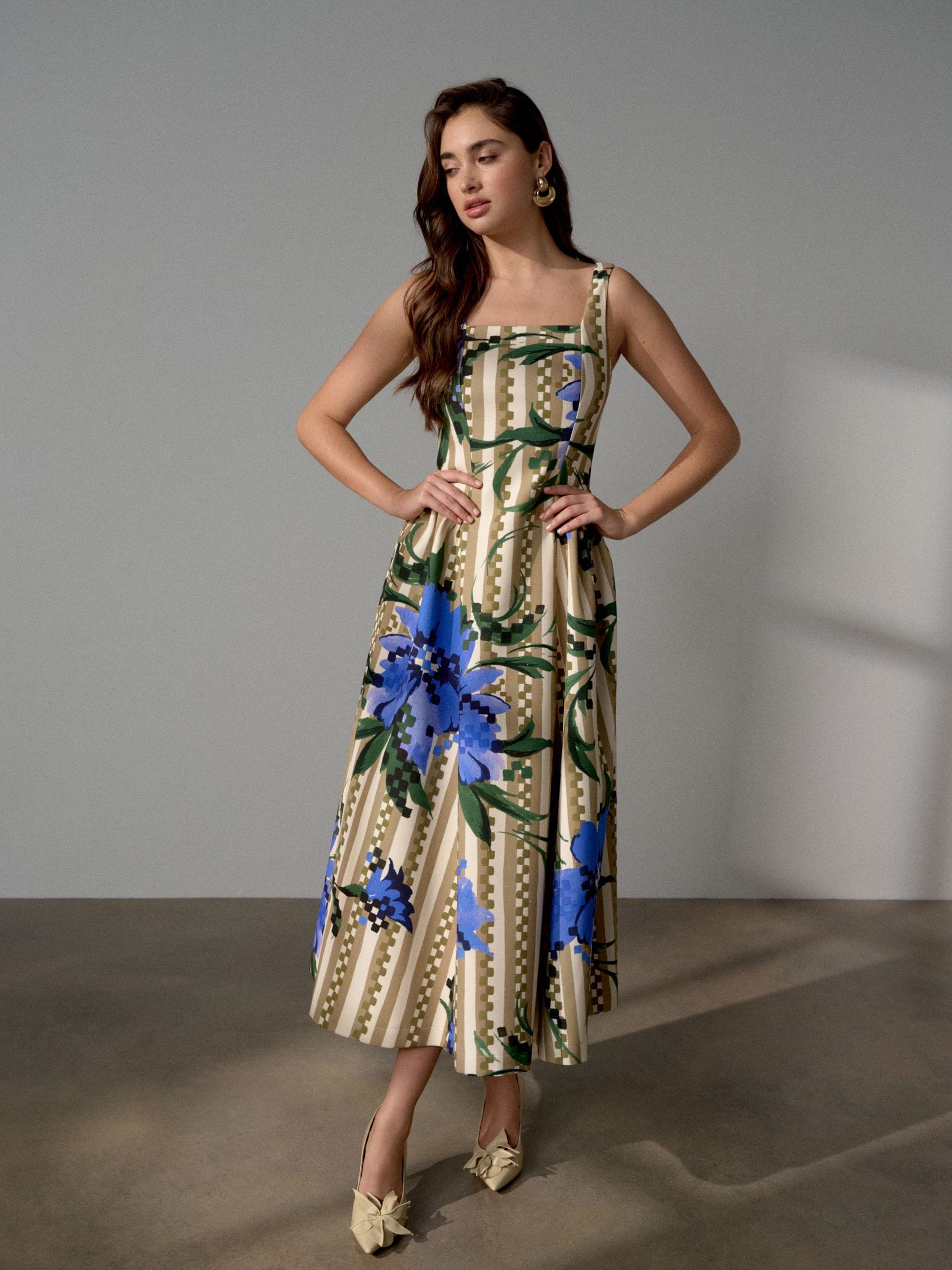 Green Floral Stripe Cinched Waist Maxi Occasion Dress - Size 4