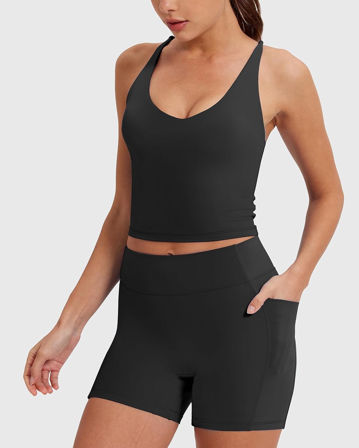 MOOSLOVER, 2 Piece Workout Set Longline Sports Bra Tank Top With Tummy Control Gym Shorts