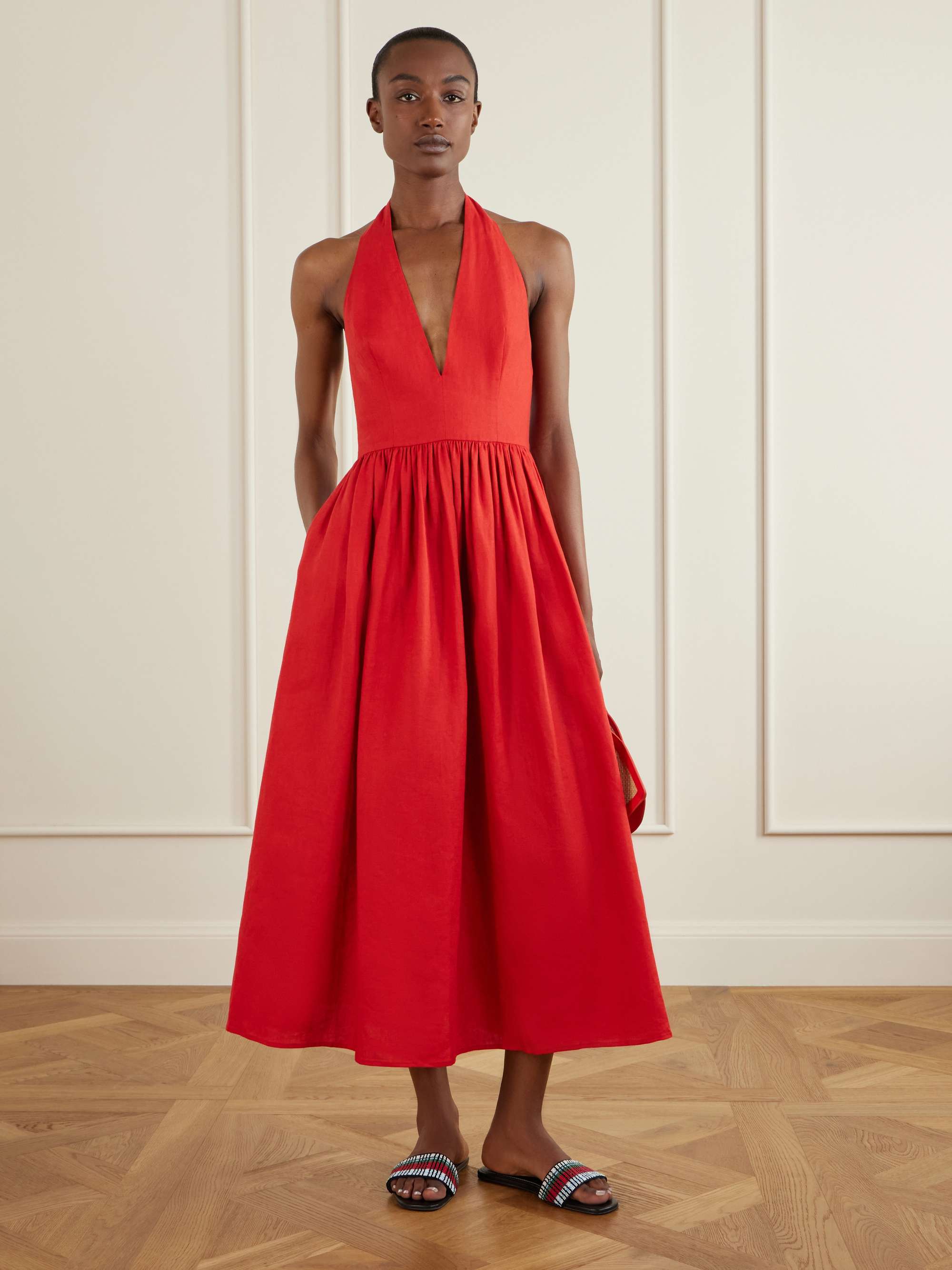 Grazia Gathered Linen Midi Dress