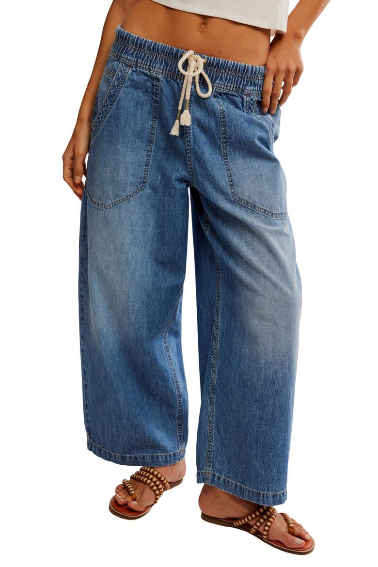 Easy Peasy Wide Leg Mid Rise Denim Drawstring Pants