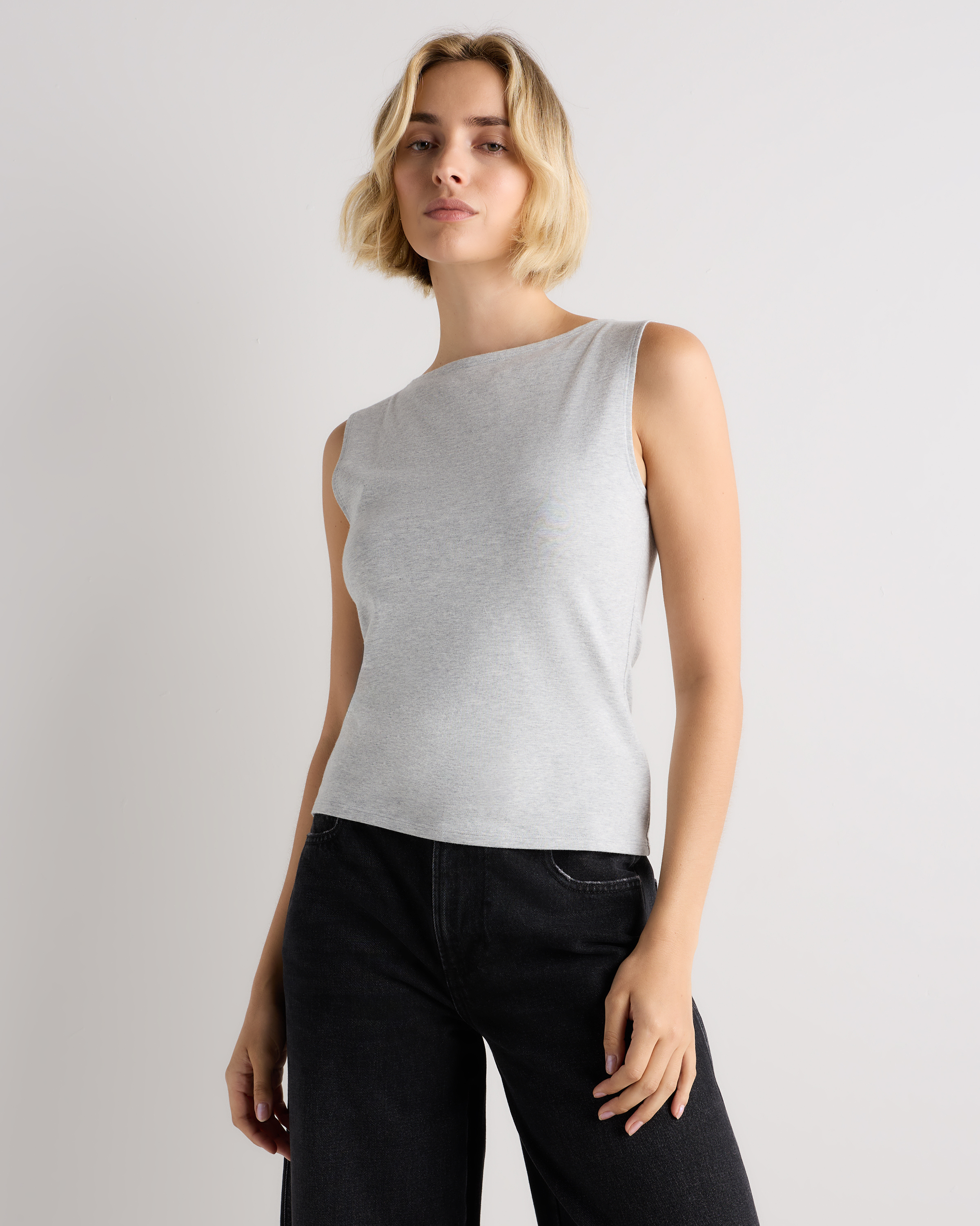 Stretch Cotton Jersey Boat Neck Tank in Heather Grey