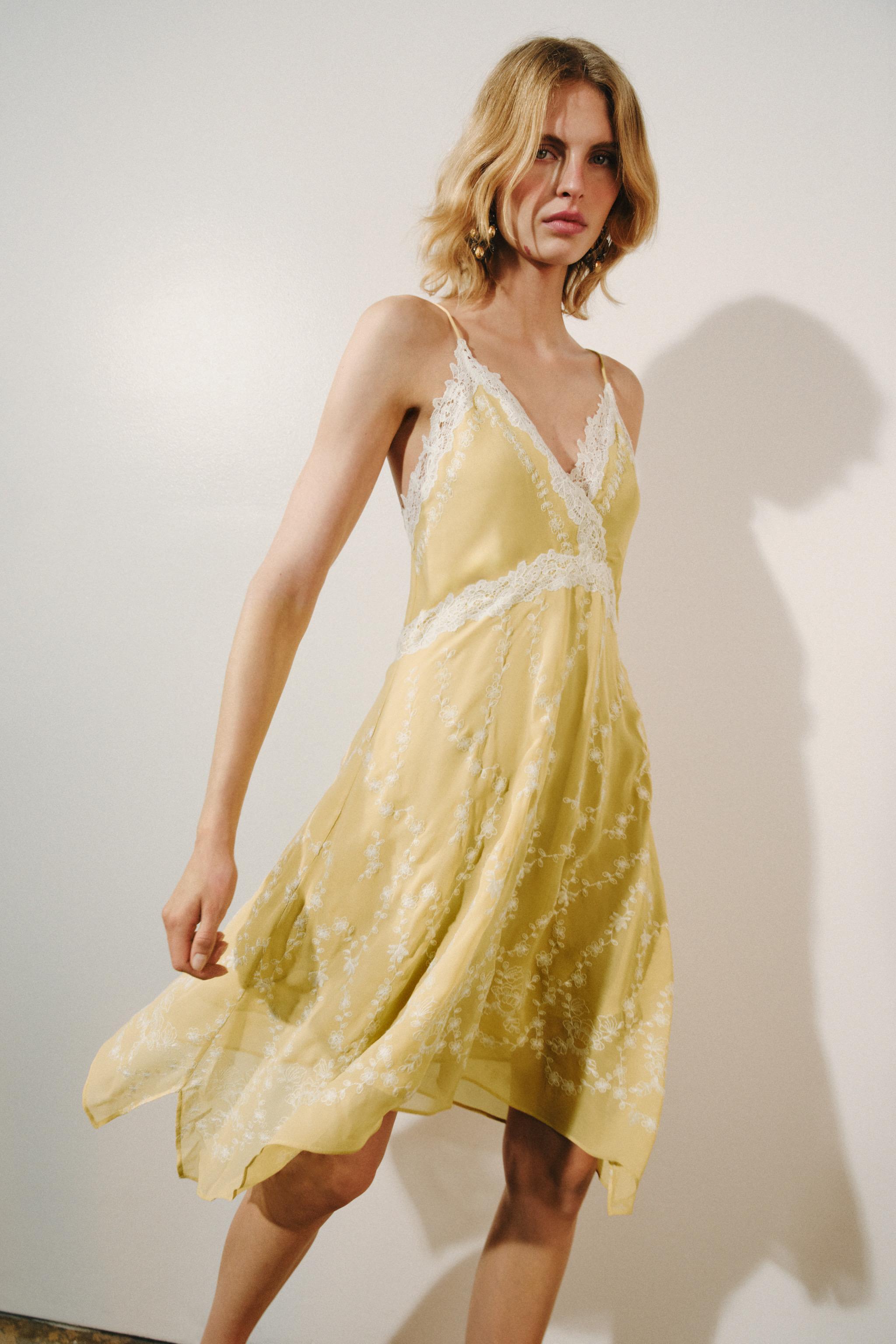 ZARA Zw Collection Embroidered Short Dress - Lemon - Xs