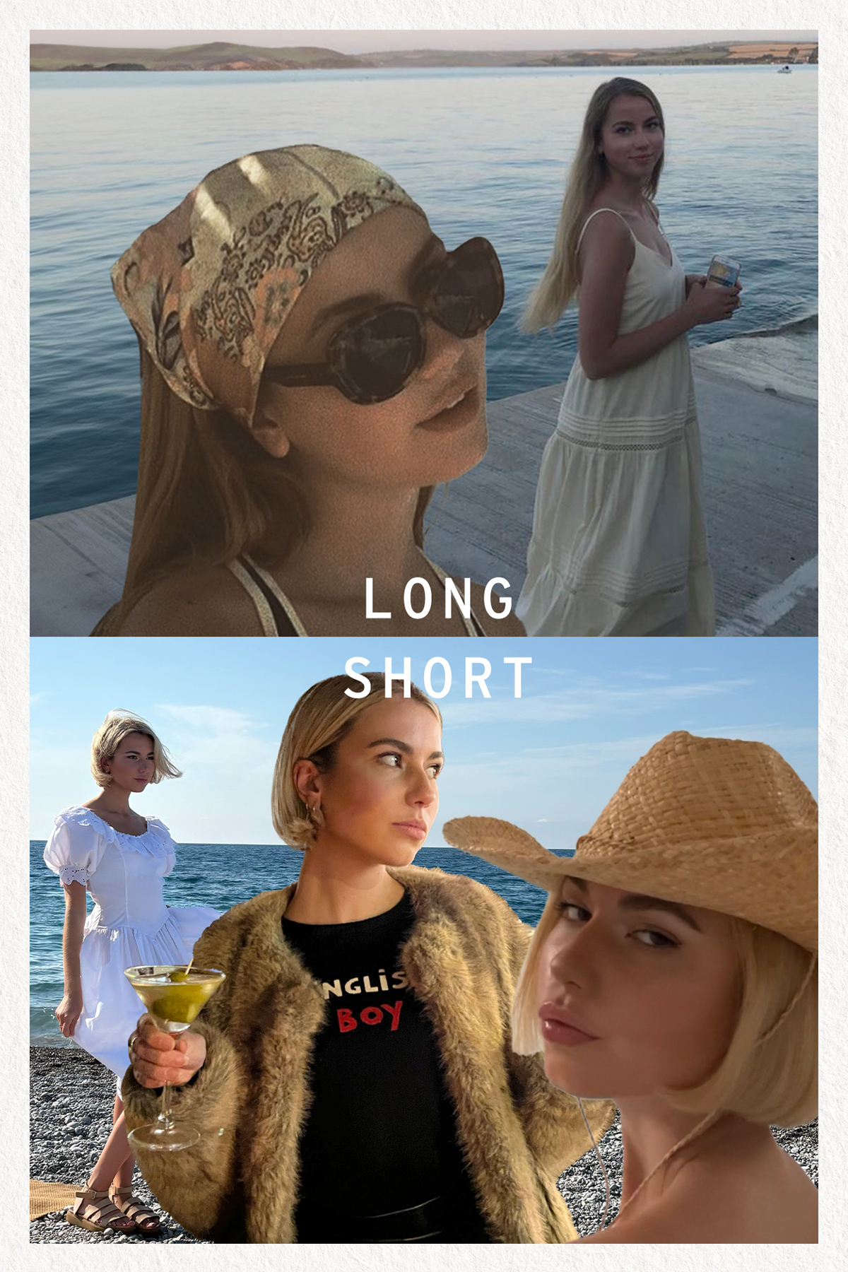 A collage showing Eve William's hair before and after, going from long hair to a bob haircut