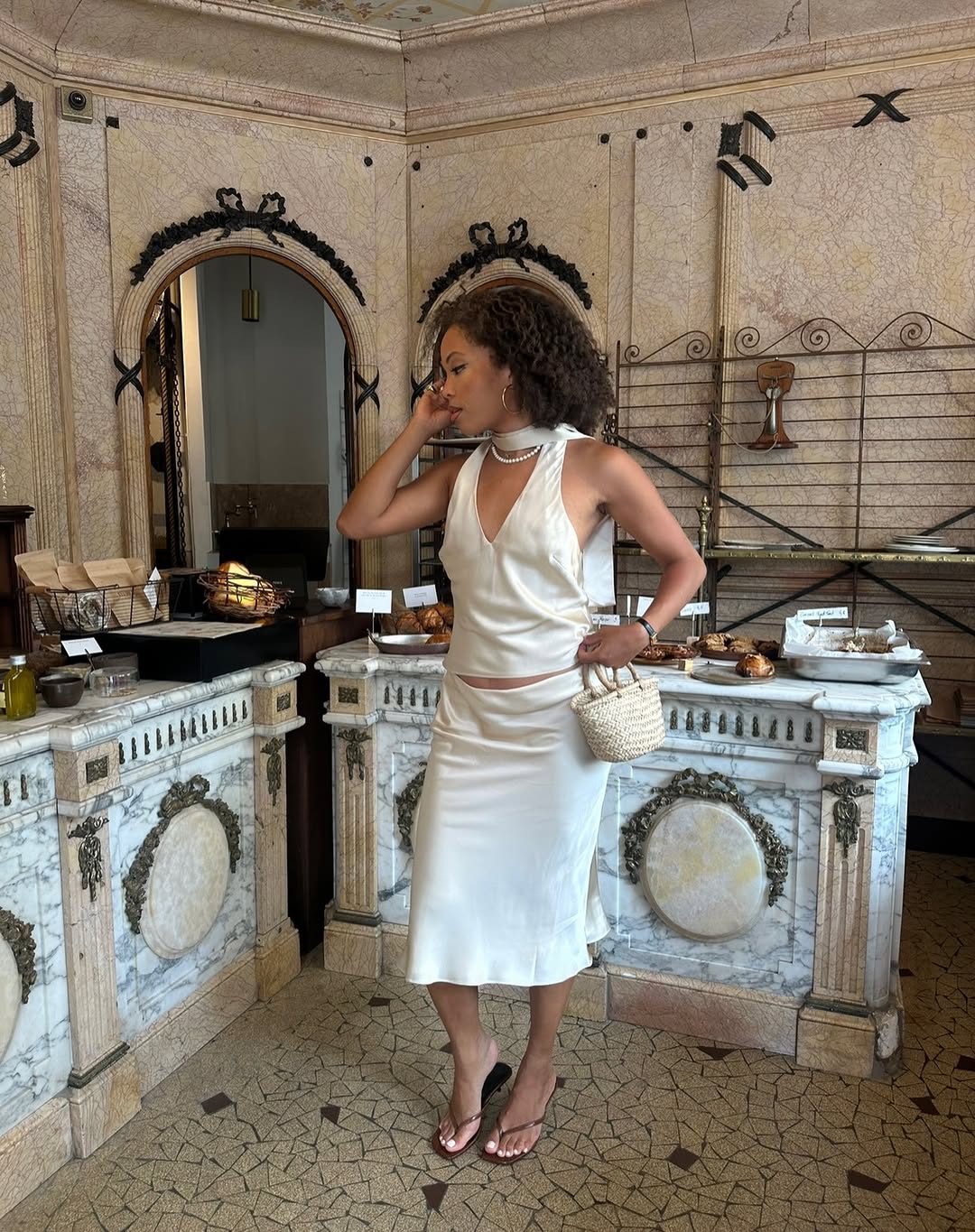 Ellie Nes wearing a midi skirt set in Paris