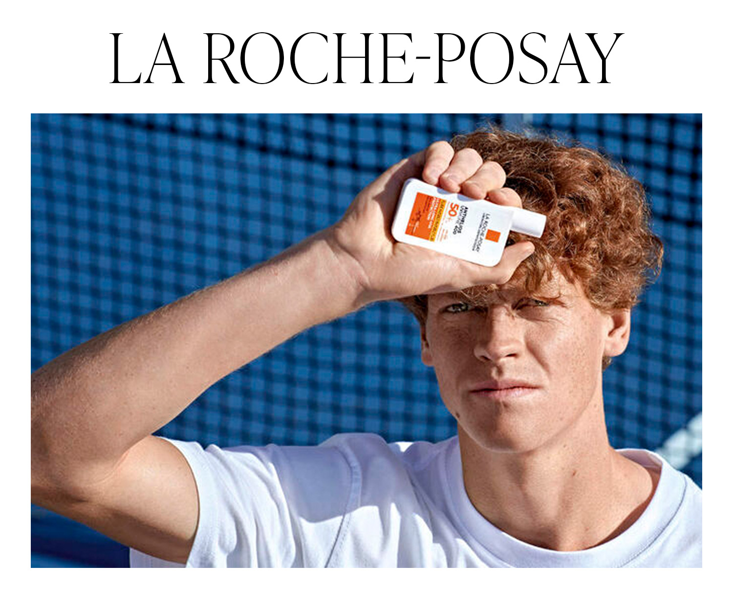 Jannik Sinner posing in the US Open campaign for La Roche-Posay.