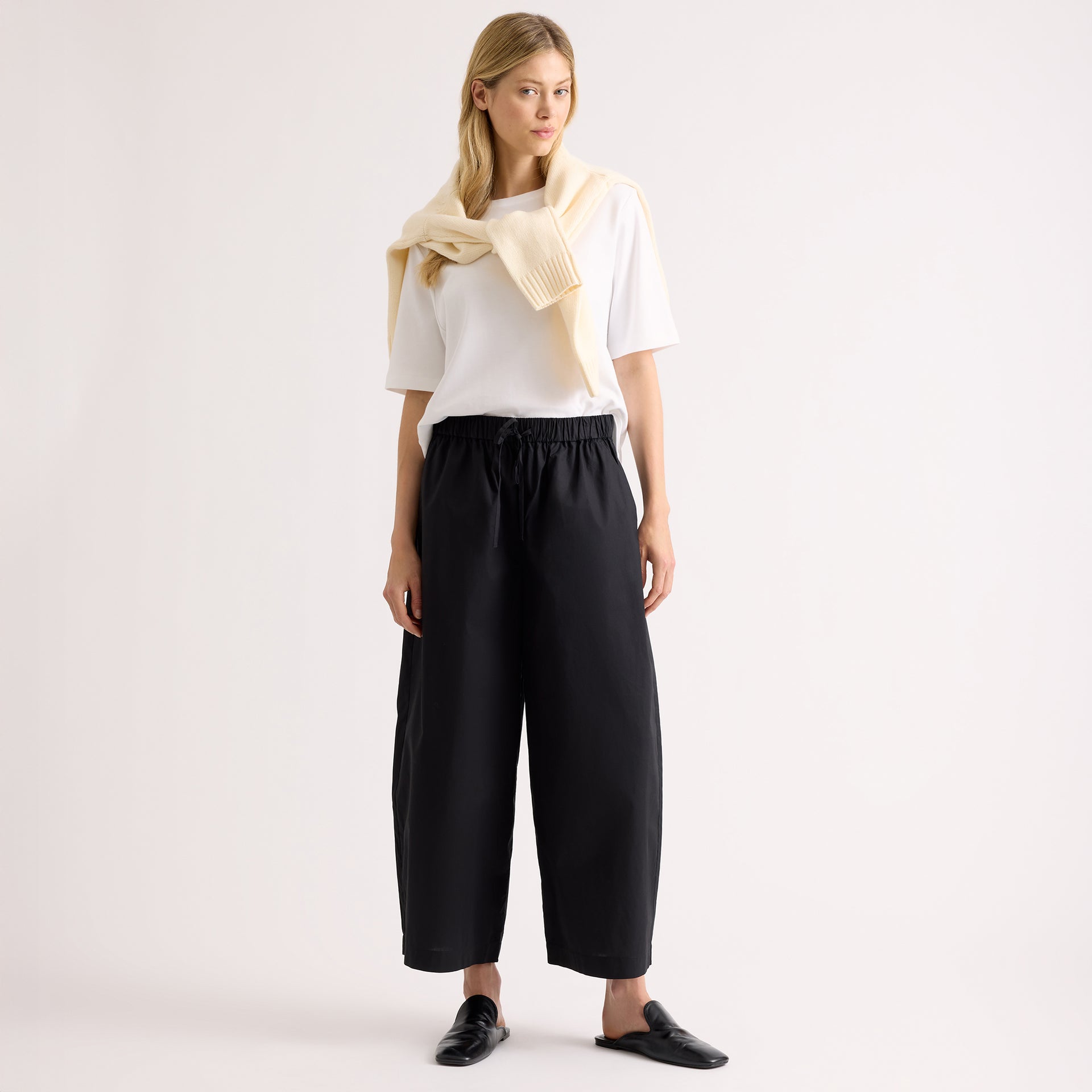 Black Cotton Drawstring Barrel Leg Trousers - Black / 8