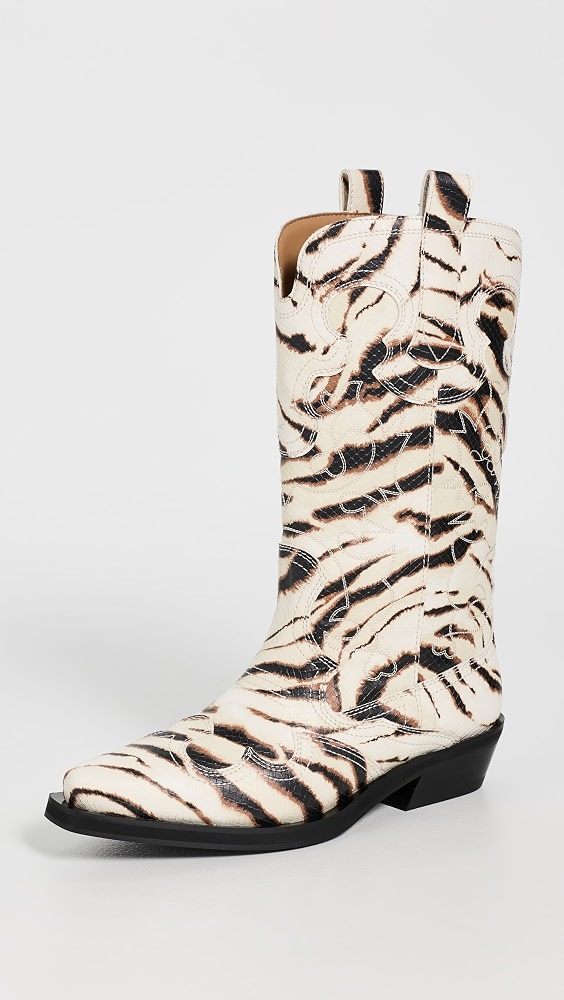 Embroidered Zebra Western Boots - Egret