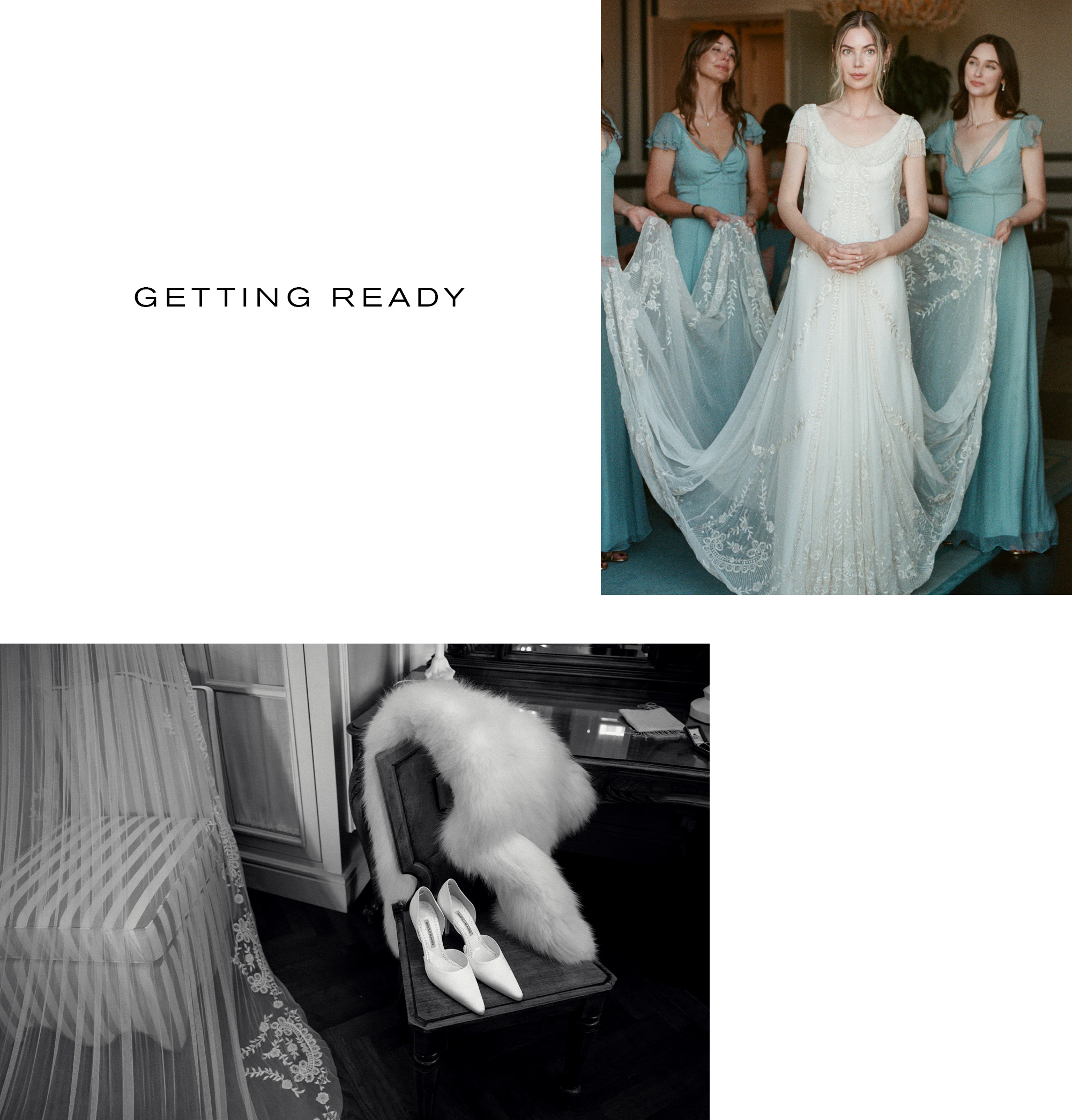 an image of georgie with her bridesmaids nad detailed shot of her shoes and veil.