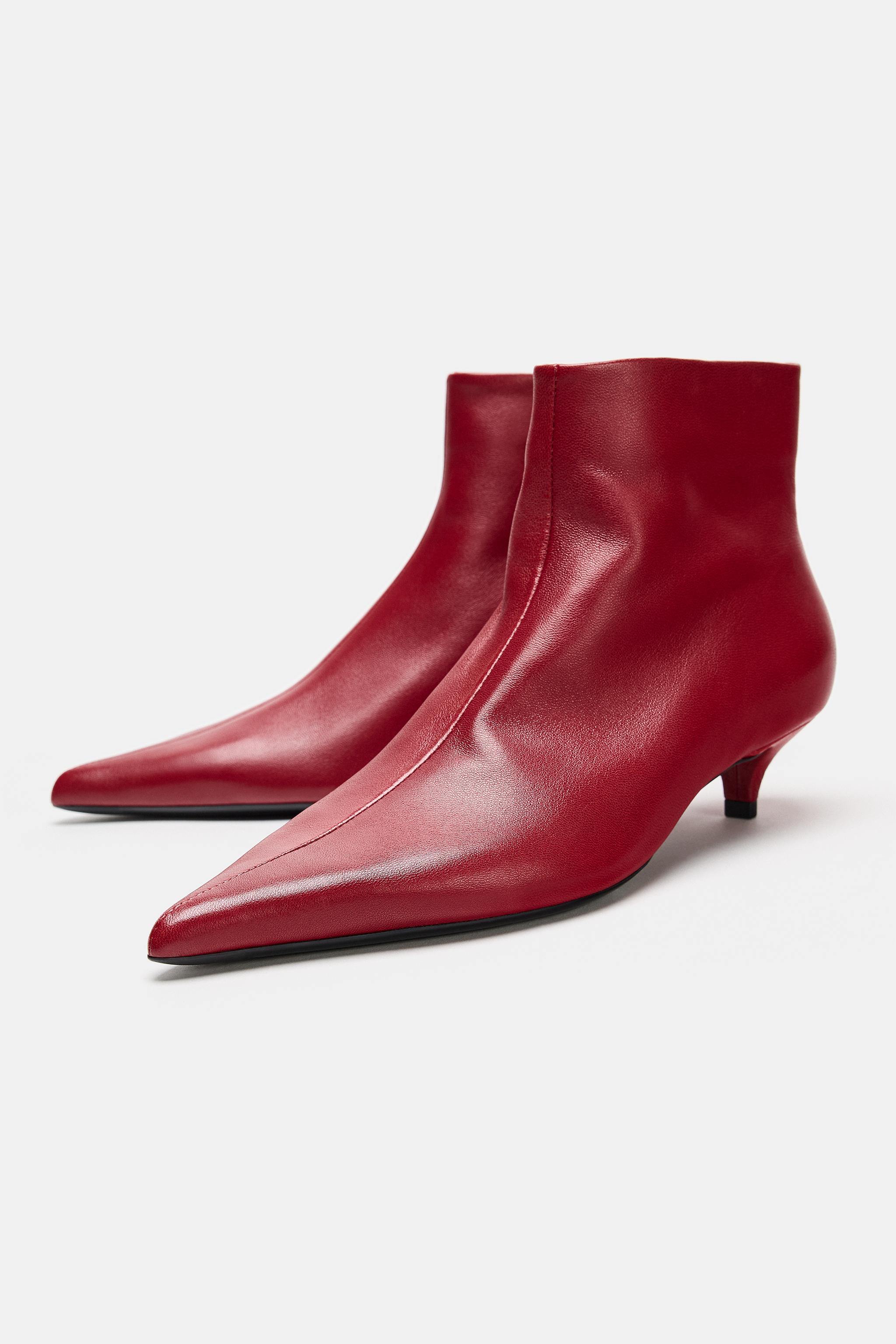 Soft Leather Kitten Heel Ankle Boots - Red - 5