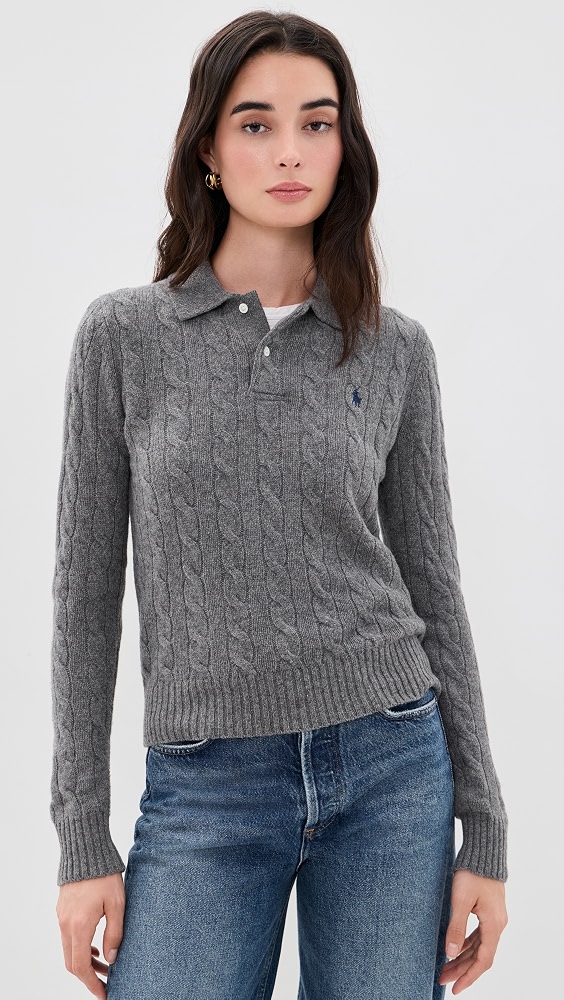 Cable Knit Polo Sweater - Flannel Grey Heather