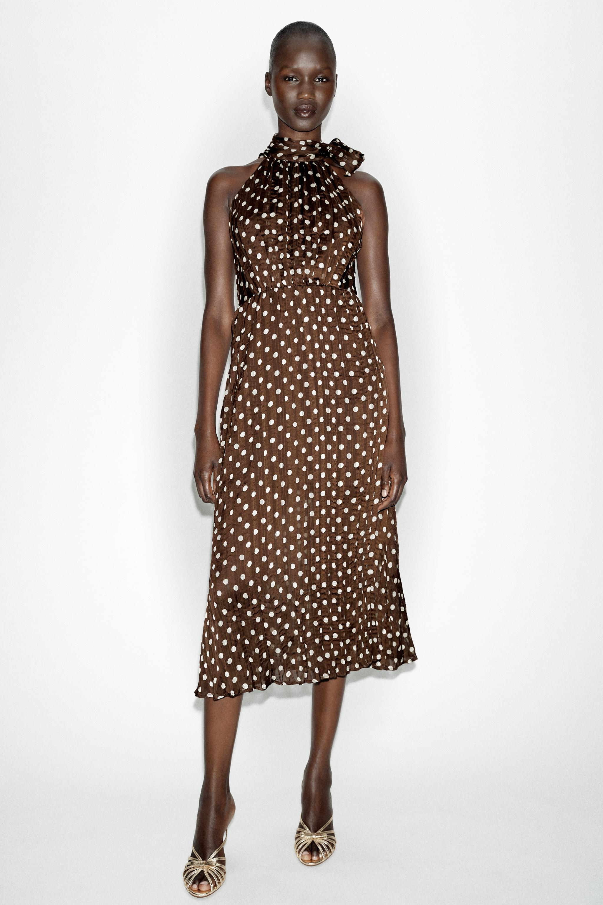 Tied Polka Dot Midi Dress - Brown / Ecru - Xs