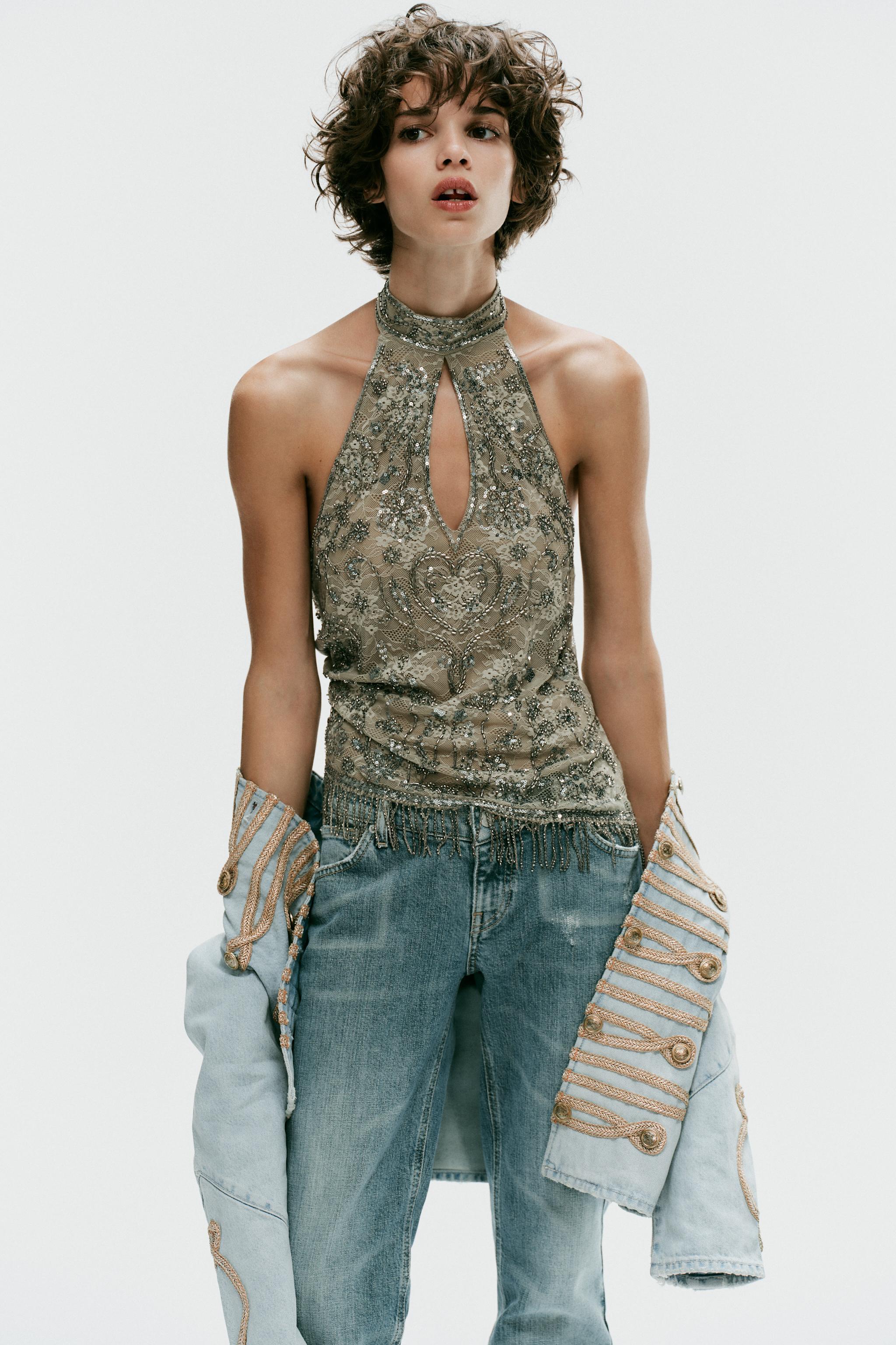 Beaded Halter Top - Dark Khaki - S