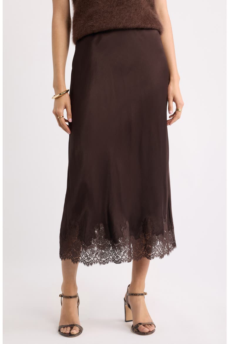 Lace Trim Satin Bias Midi Skirt