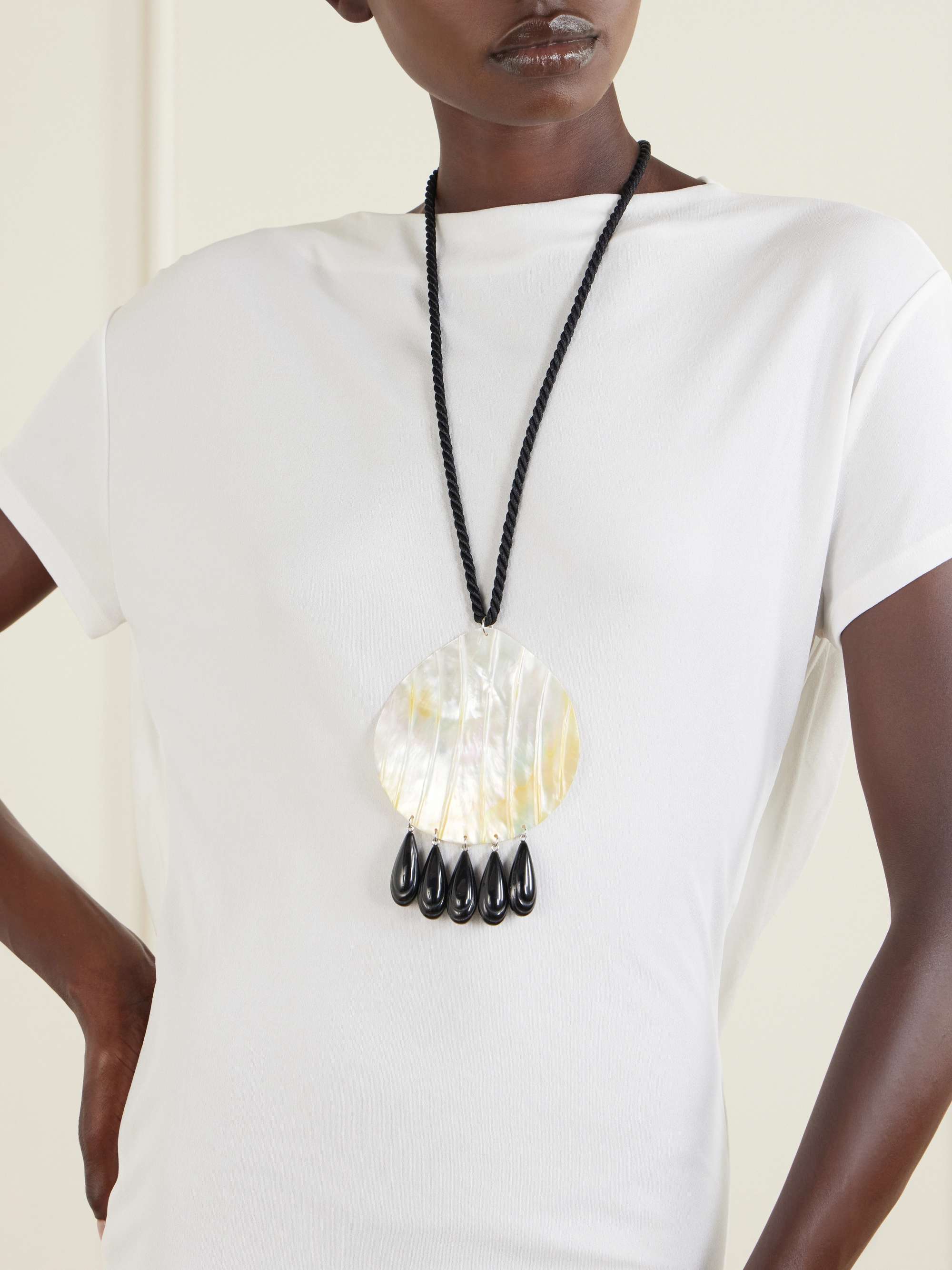 Iris Rhodium-Plated, Shell, Resin and Cord Necklace