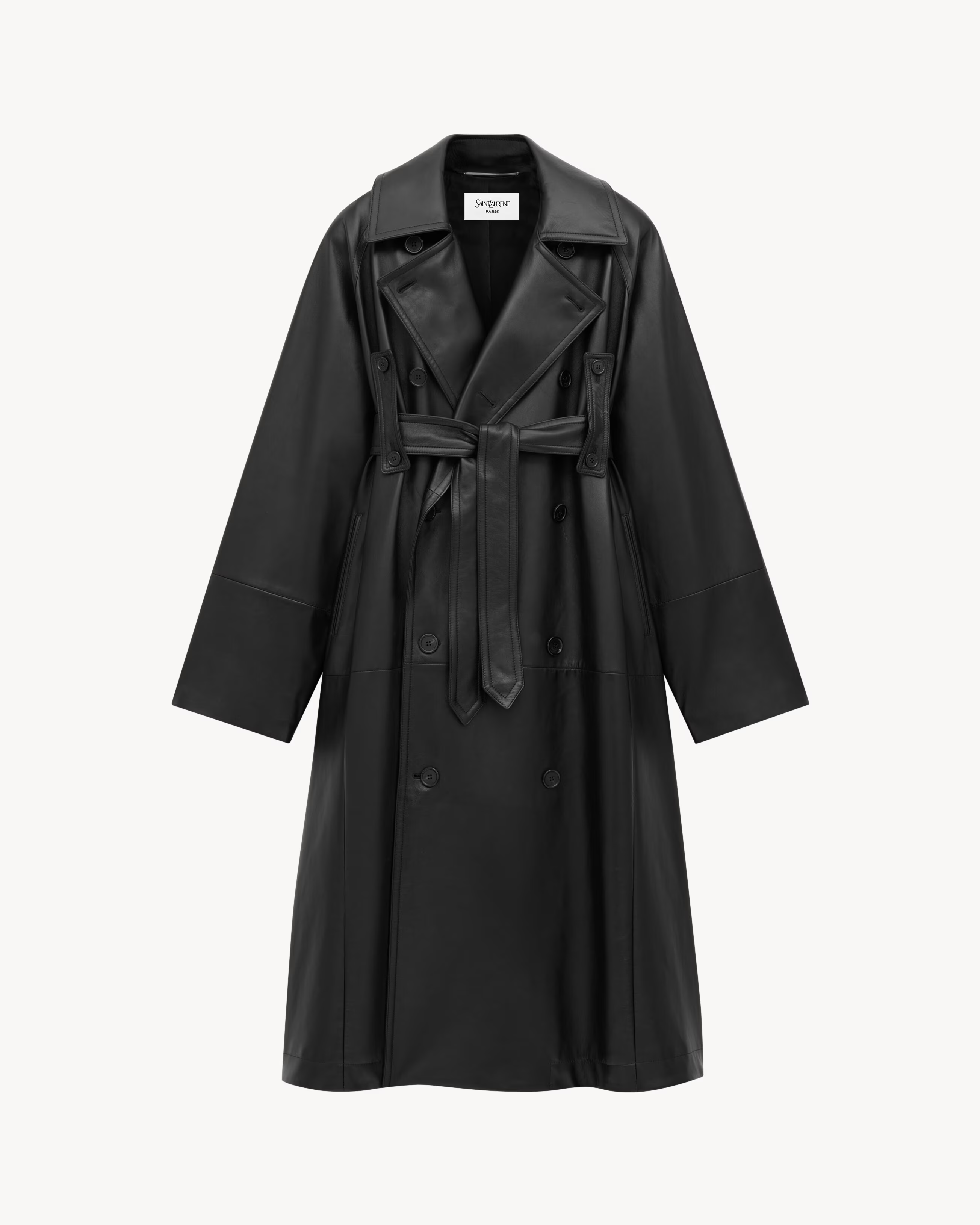 A YSL leather trench coat.