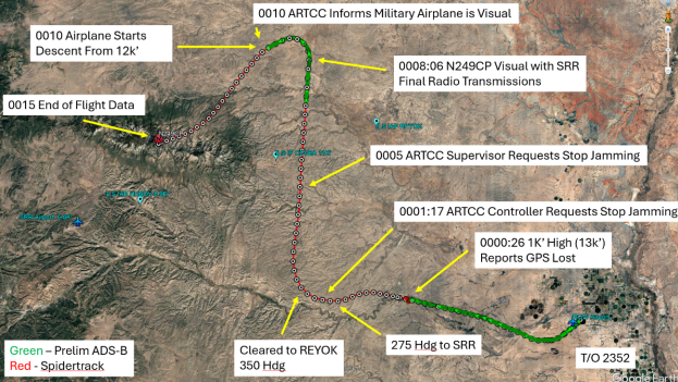 An NTSB map detailing the final movements of a Beechcraft King Air C90, registration N249CP, May 13-14, 2026