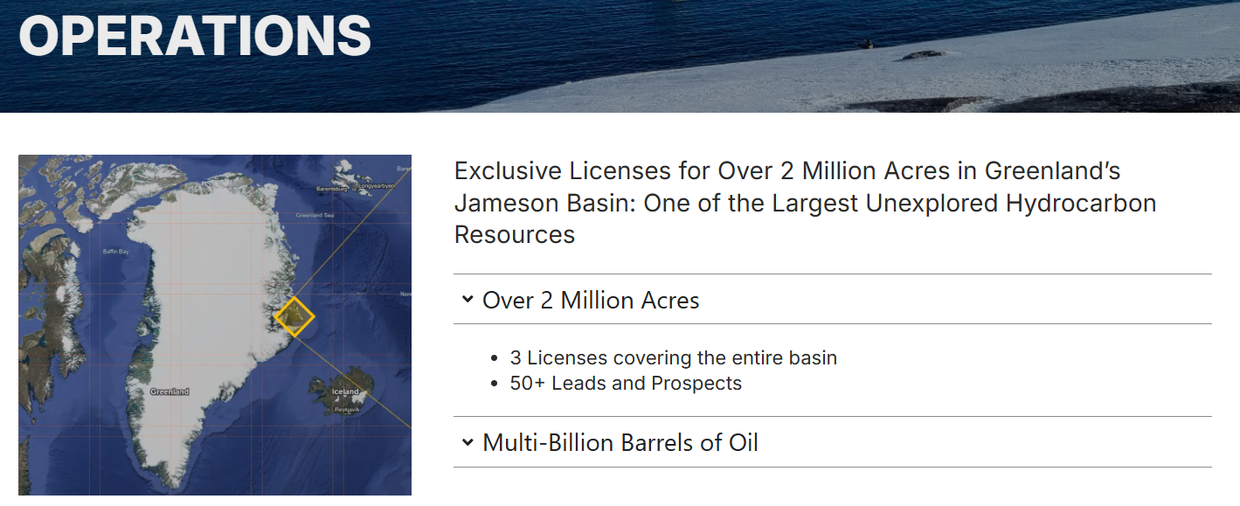 A screenshot from the Greenland Energy Company website, taken August 10, 2026