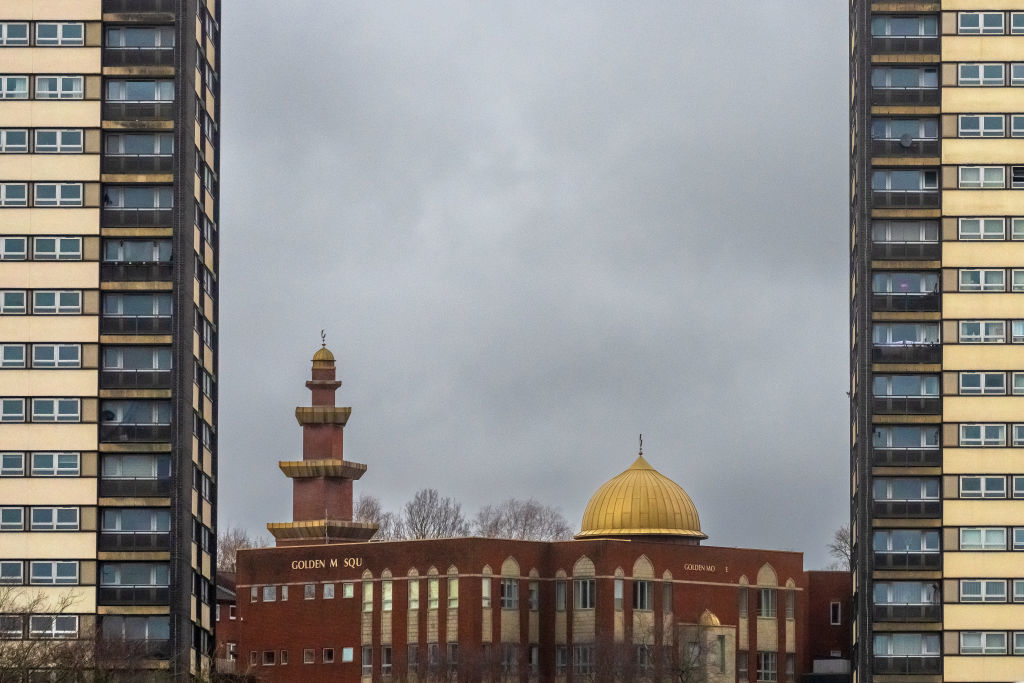 A view of the Golden Mosque Islamic Centre beside high-rise flats in Rochdale, England, February 19, 2024
