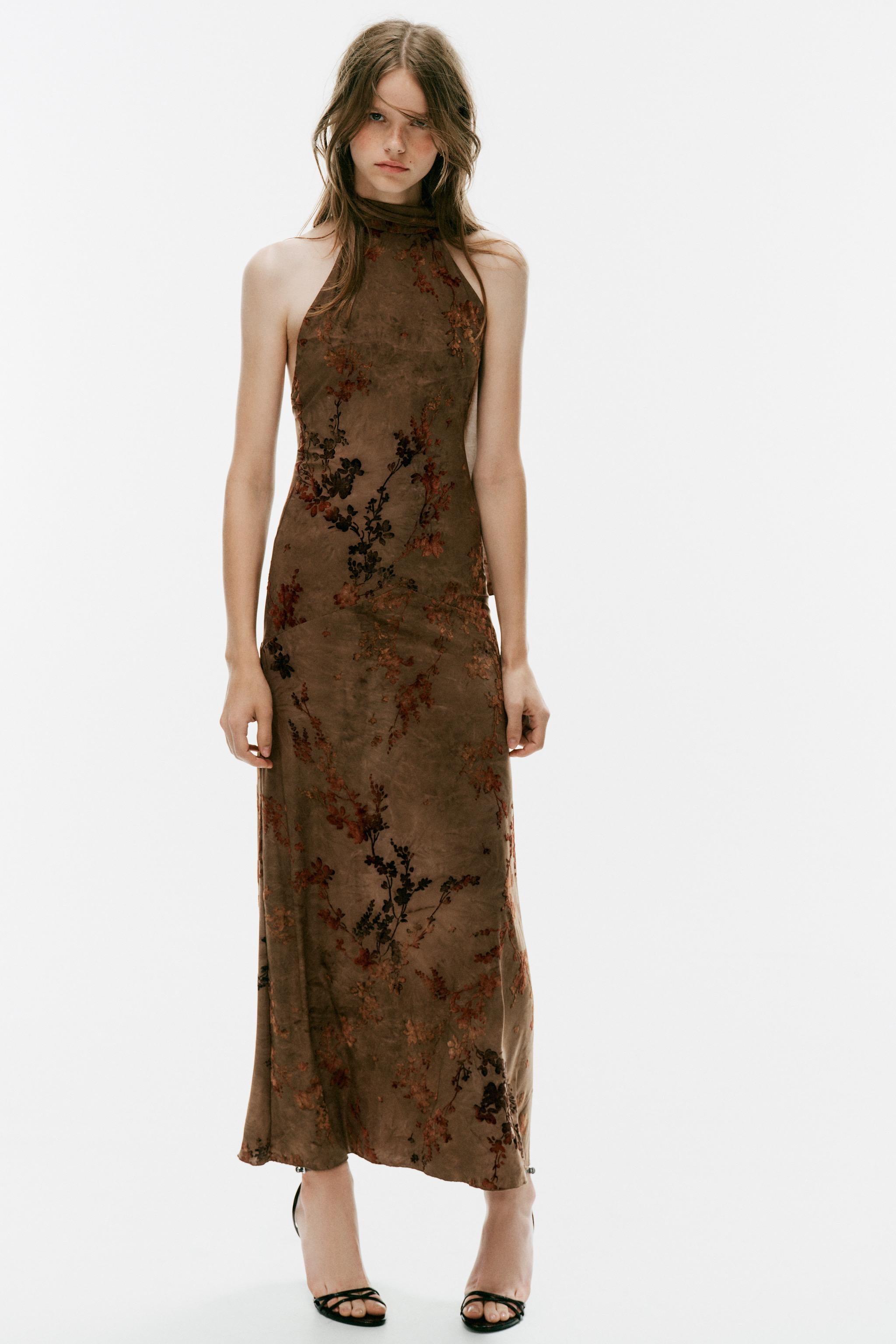 Flocked Halter Scarf Maxi Dress - Toffee - S