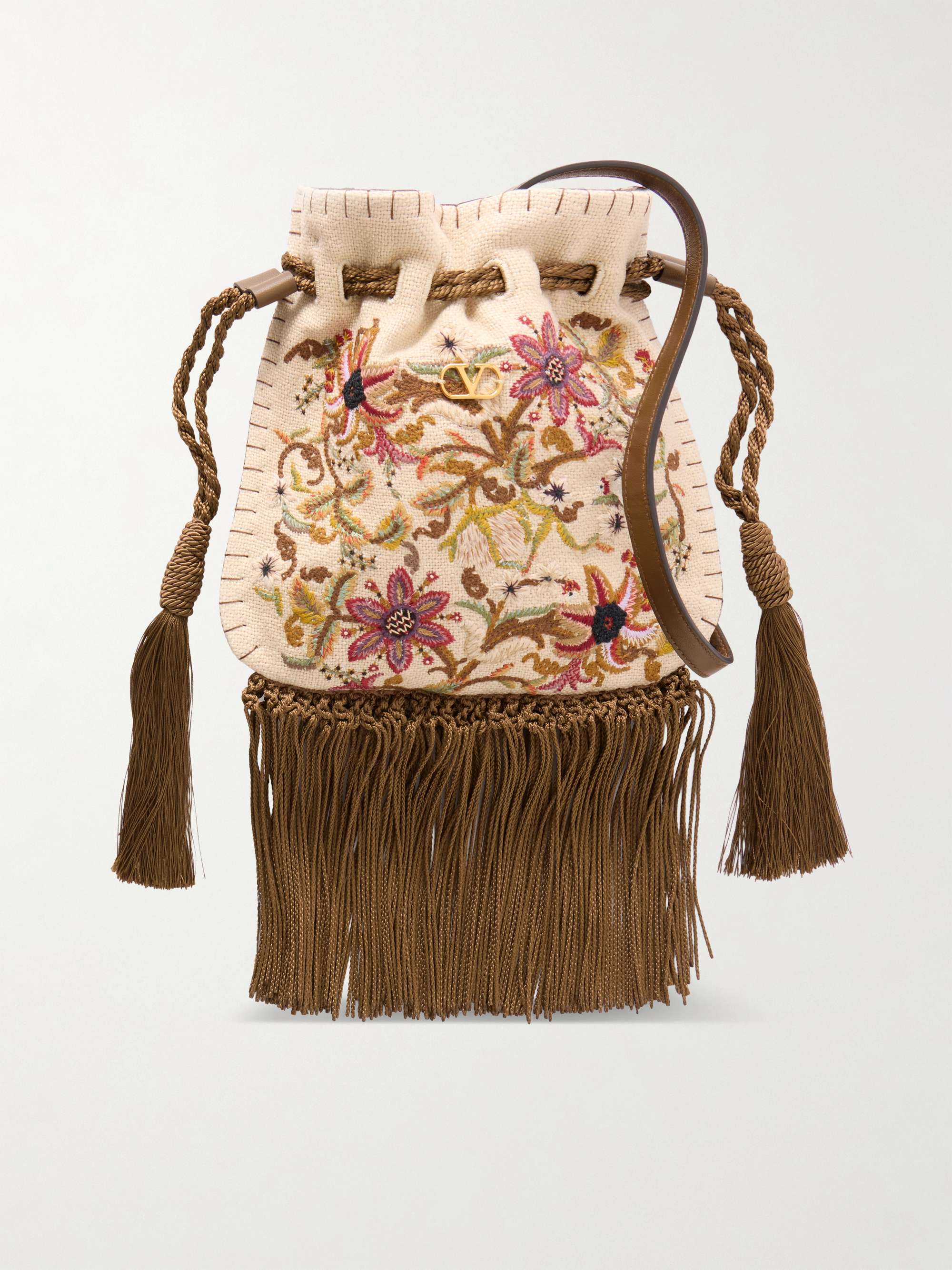 Embroidered Fringed Canvas Drawstring Shoulder Bag
