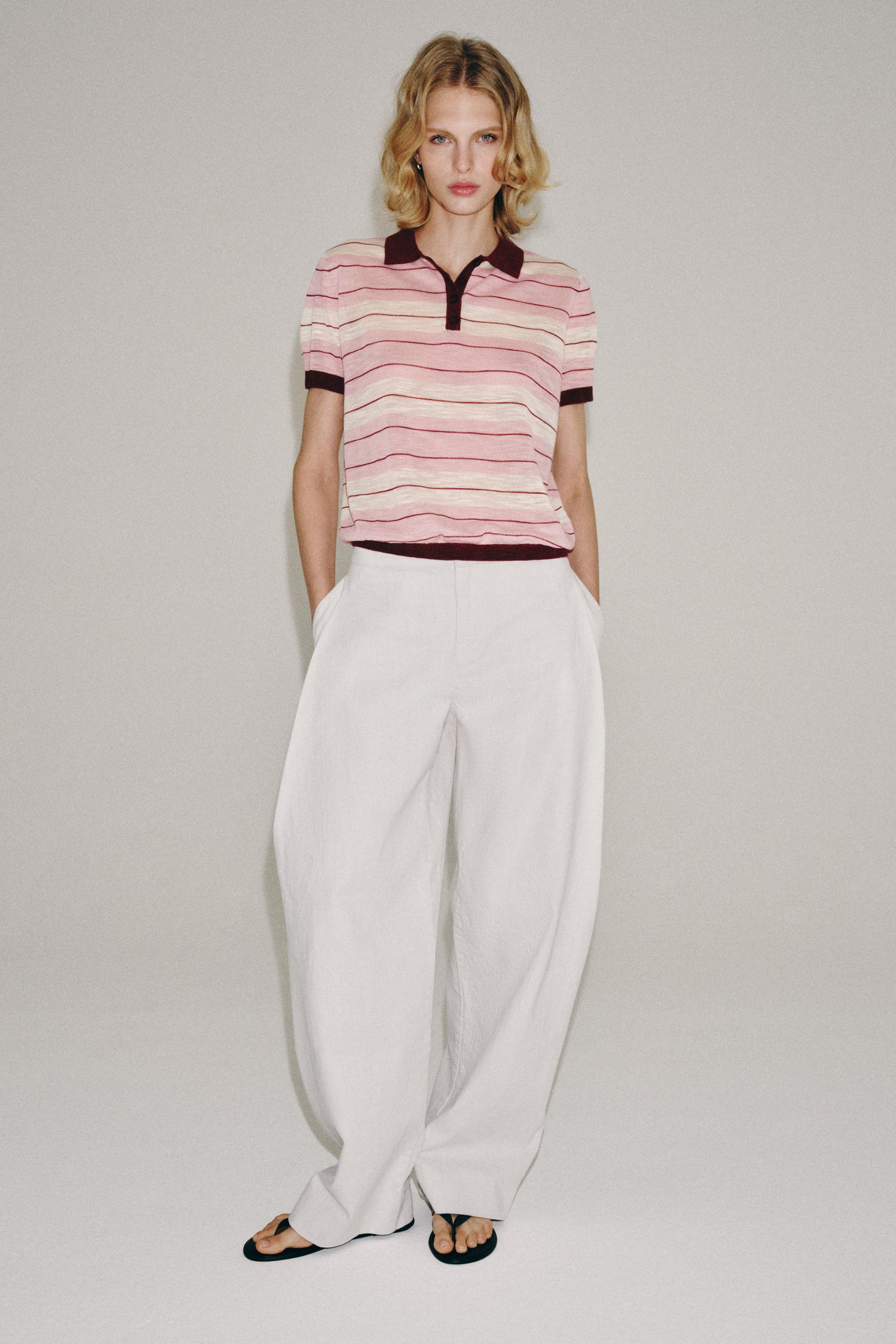 Striped Knit Polo Shirt - Pink / White - S