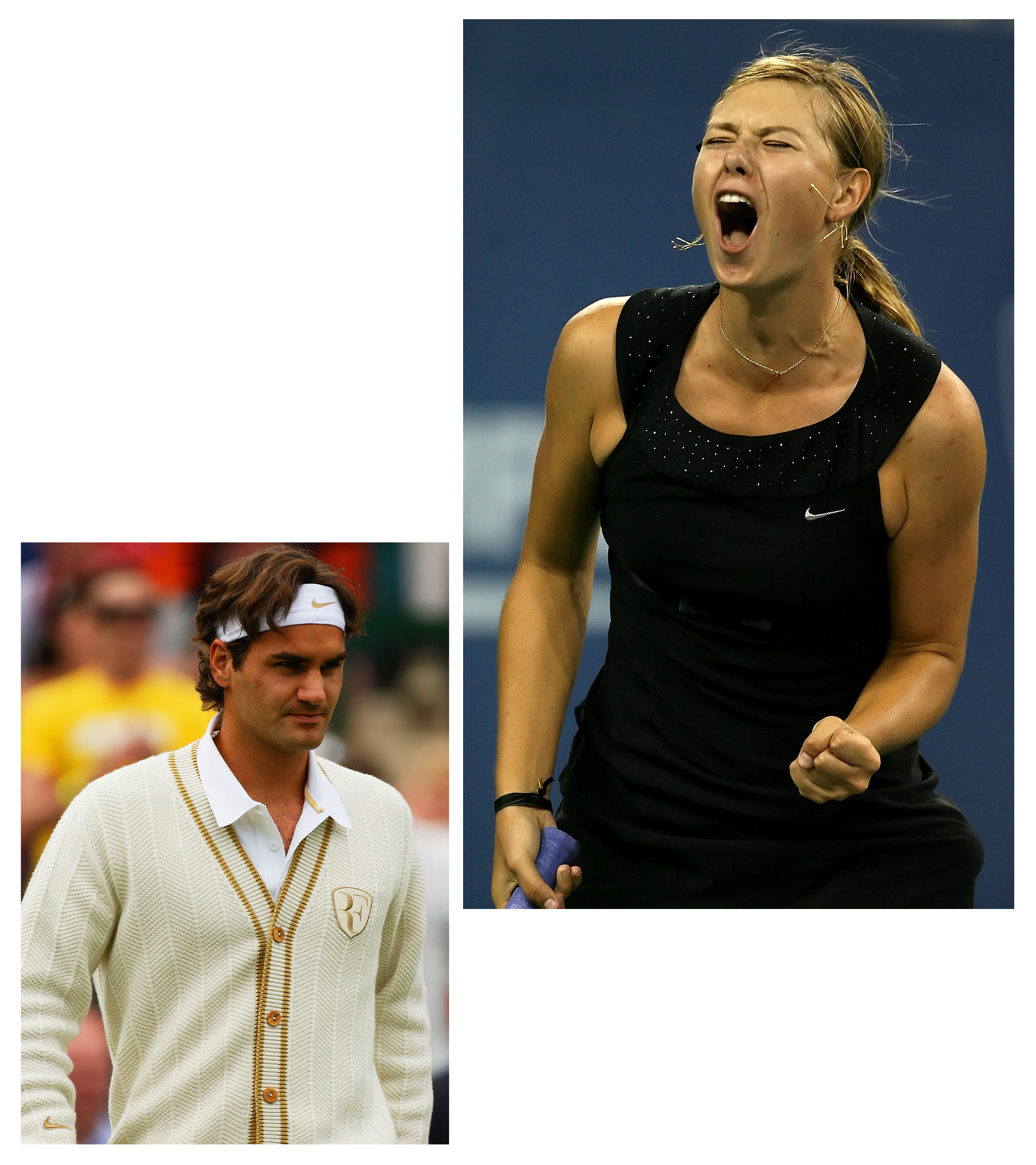 Roger Federer wearing an off-white cardigan at Wimbledon 2008; Maria Sharapova wearing a black minidress by Nike at the 2006 US Open.