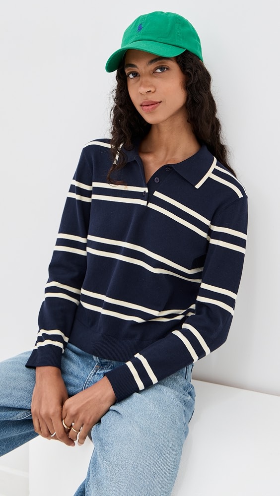 Long Sleeve Striped Polo - Navy/white