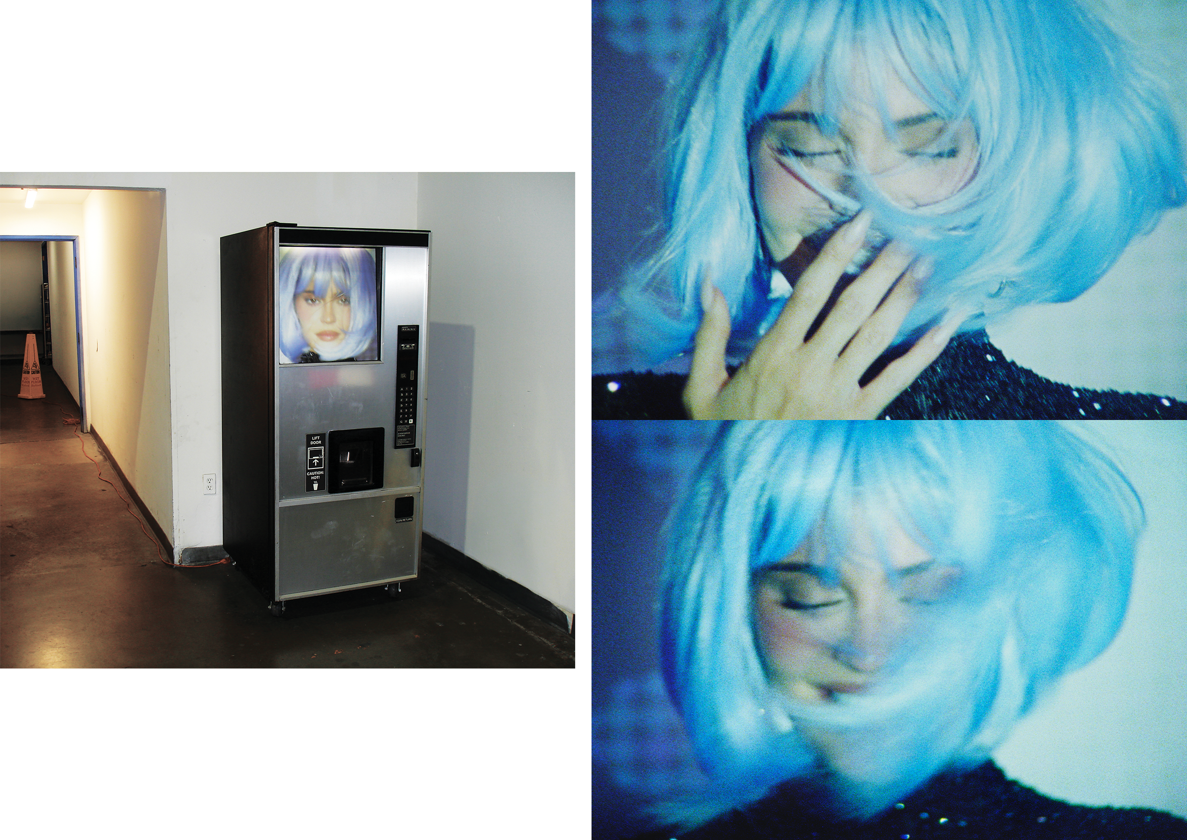 Left: A vending machine featuring Kylie Jenner wearing a blue wig. Right: Stacked images of Kylie Jenner laughing, wearing a bright blue shoulder-length wig.