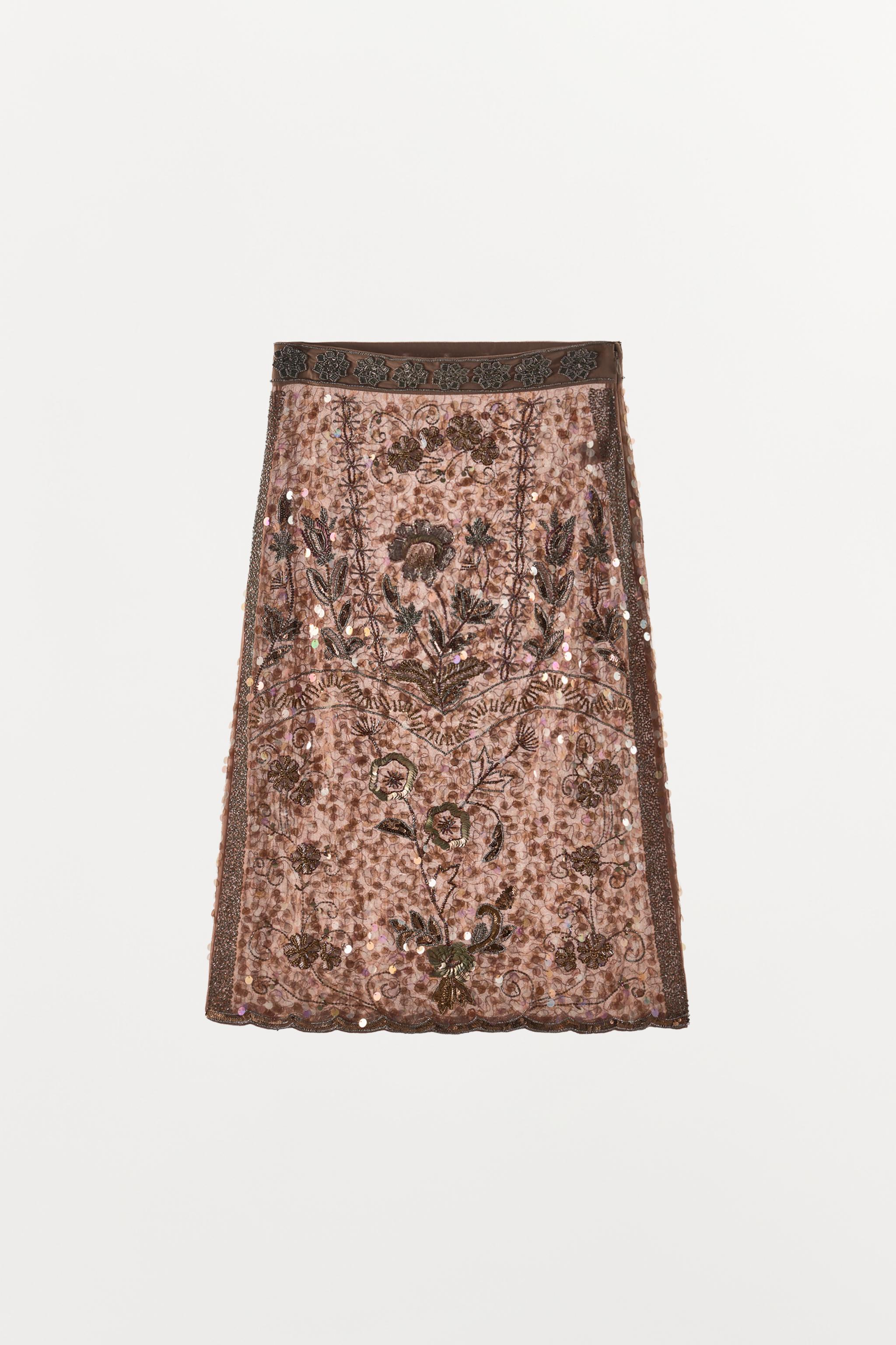 Limited Edition Embroidered Beaded Midi Skirt - Brick - S