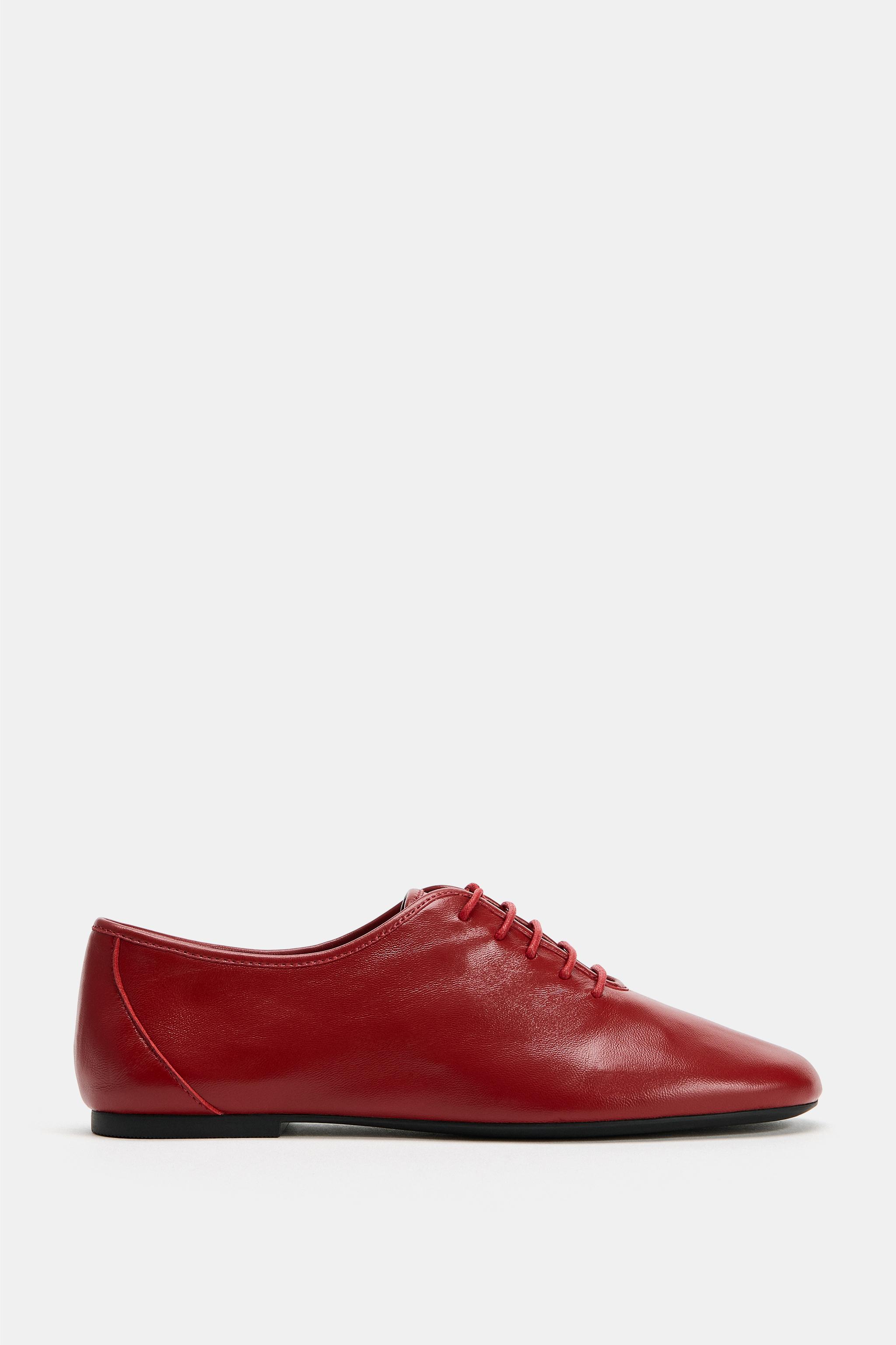 Leather Lace-Up Flats - Red - 5