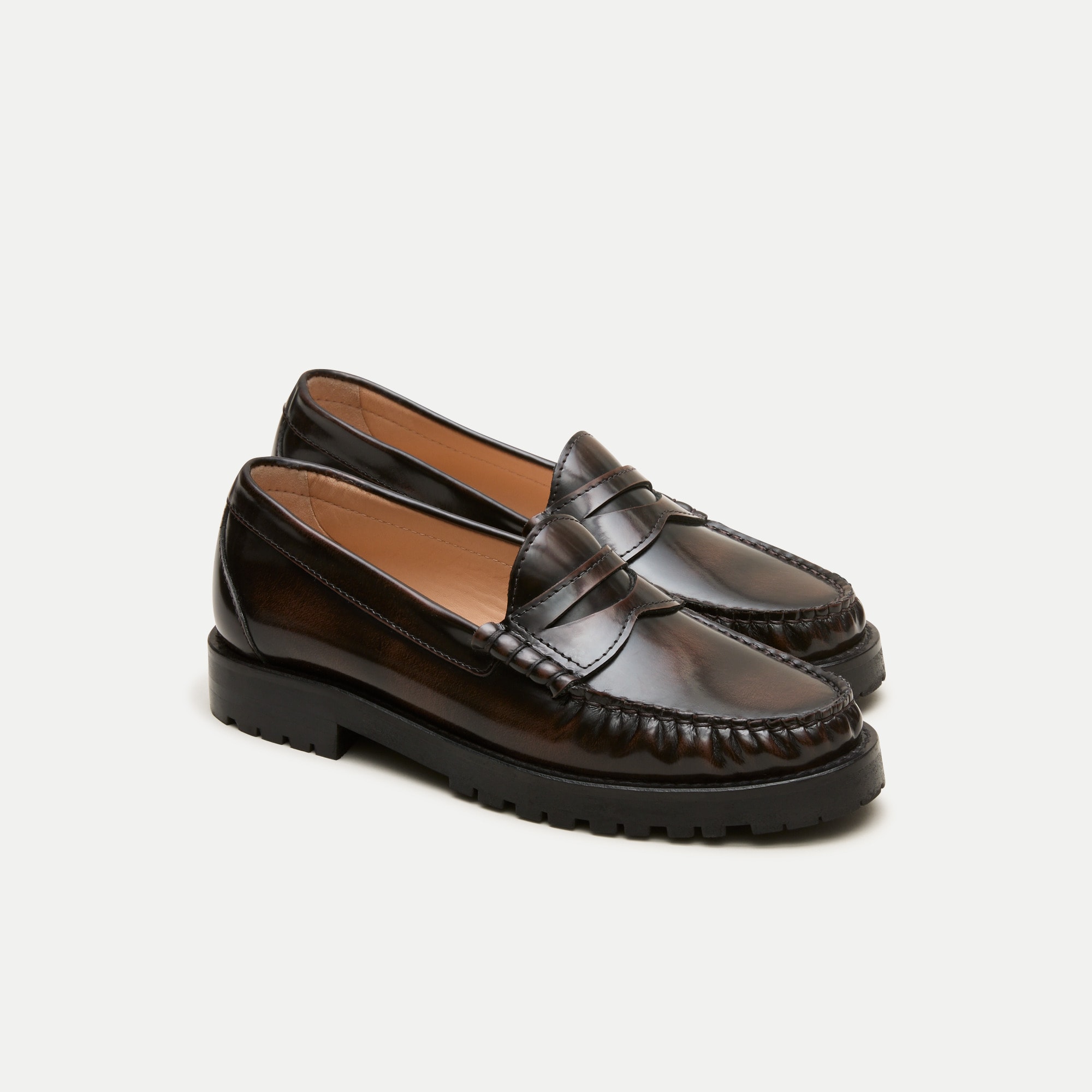 Winona Lug-Sole Penny Loafers in Burnished Leather