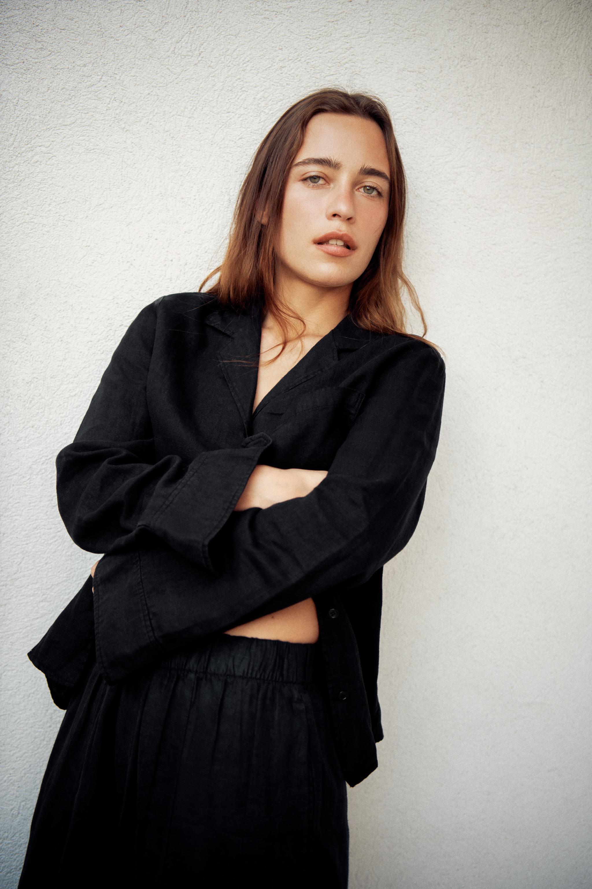 Zw Collection 100% Linen Pocket Shirt - Black - Xs