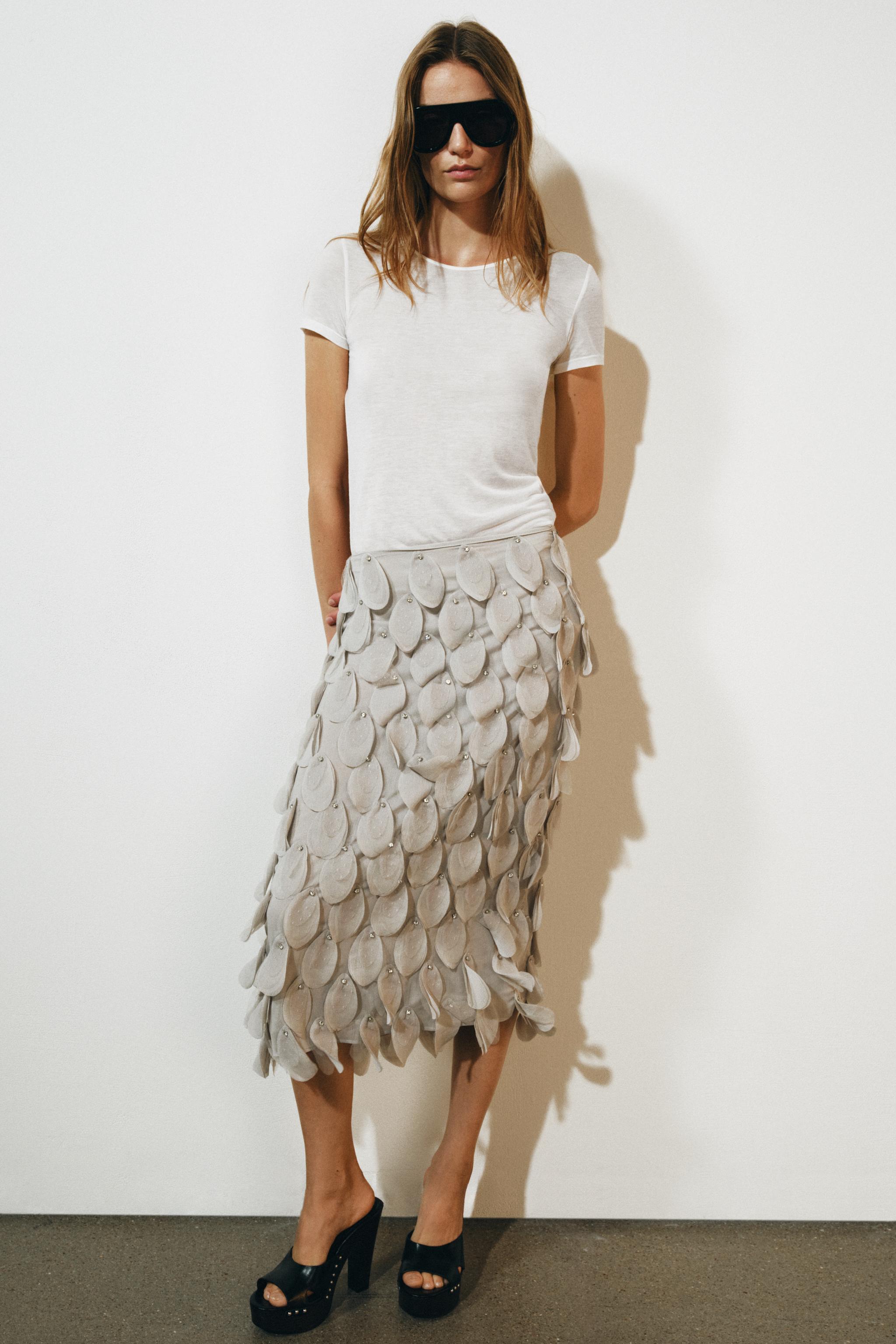 Zw Collection Beaded Midi Skirt - Light Grey - Xs