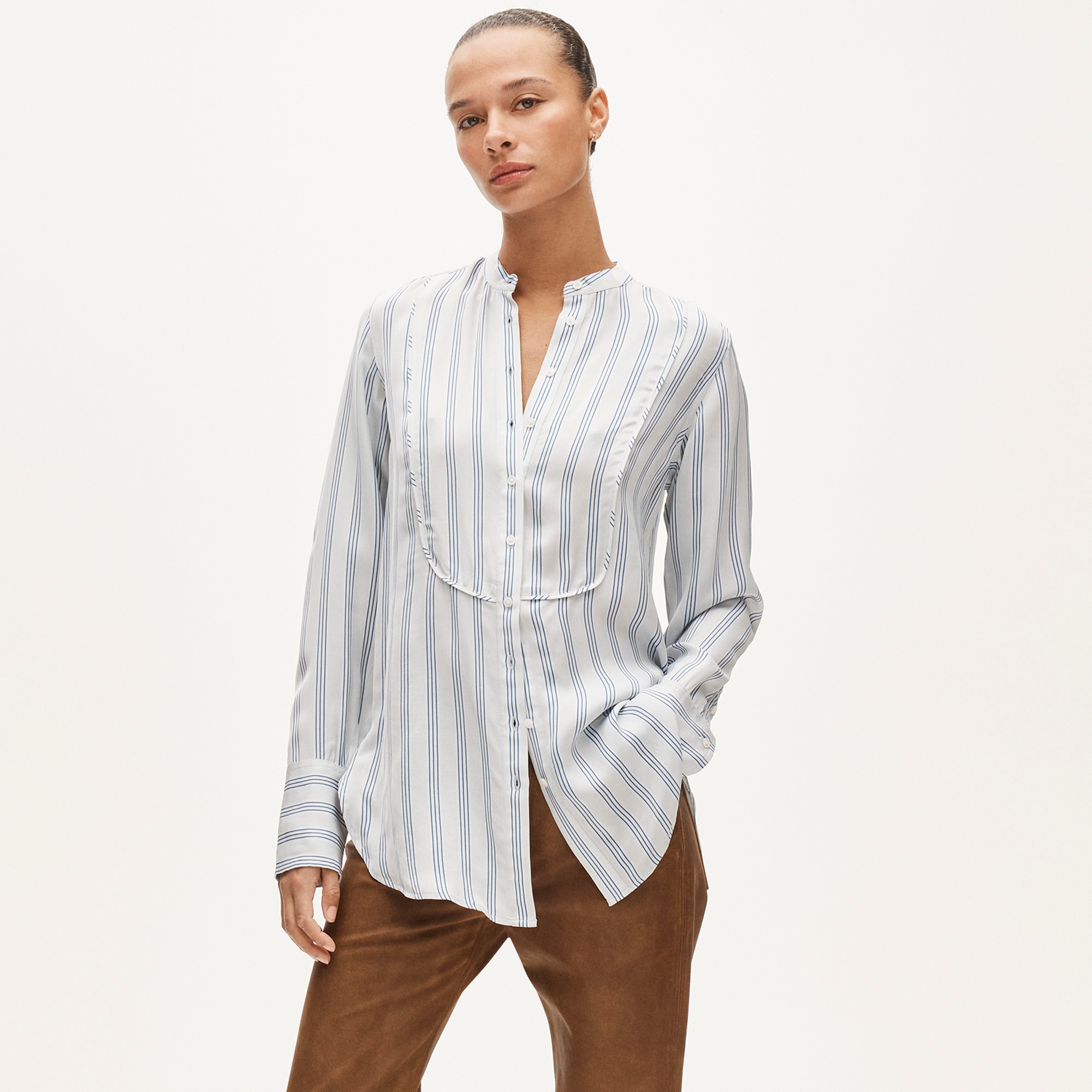 Tuxedo-Bib Button-Up Shirt in Striped Cotton Poplin